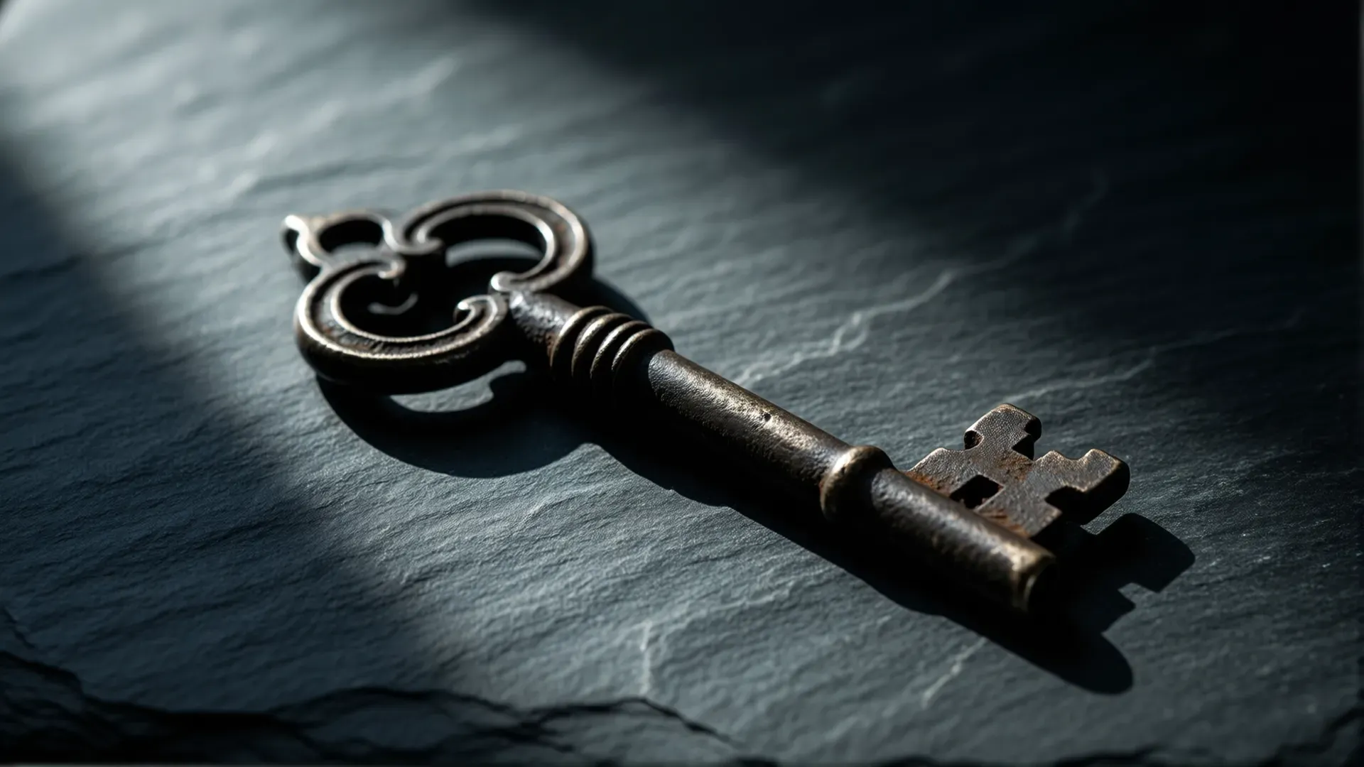 Ornate antique iron key resting on a dark slate surface, side-lit with a long shadow cast to the right.
