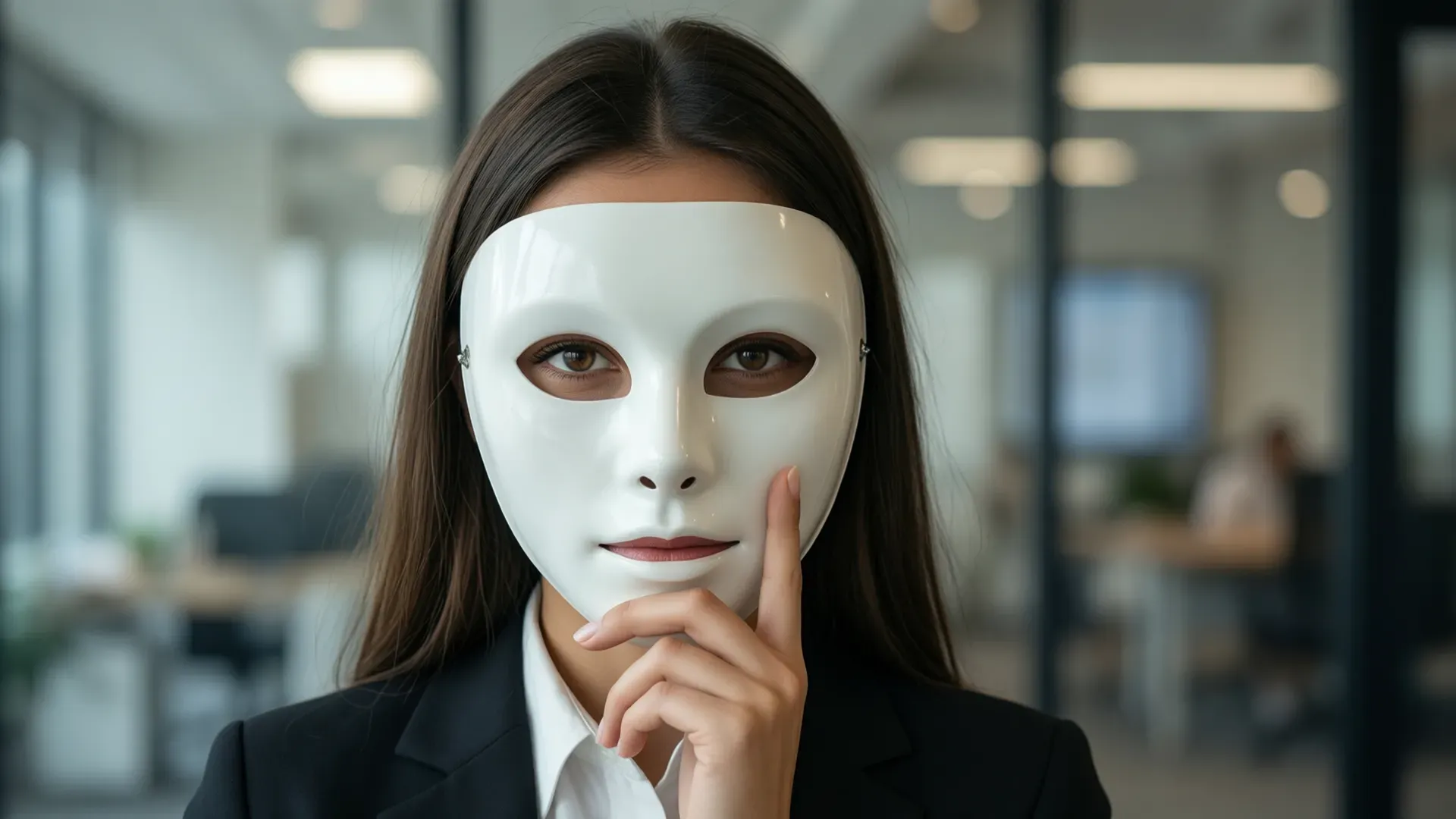 Woman in a business suit holding a plain white theatrical mask over her face in a modern office