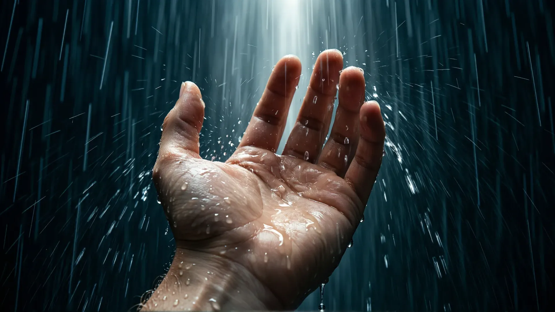 An open upturned hand in a shaft of light as rain falls past and through the fingers — holding only what can be held
