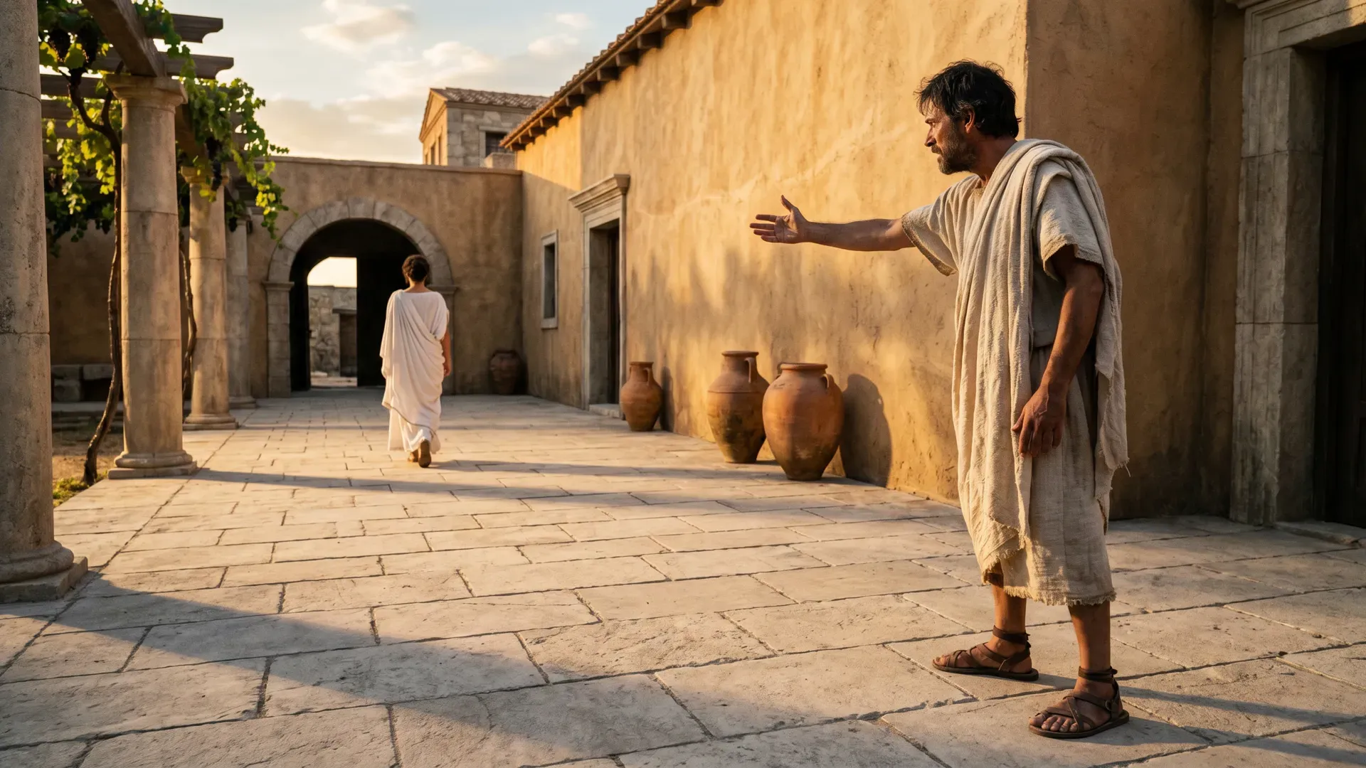 A man in a linen himation reaches toward a woman walking away through a stone archway in a sunlit Roman courtyard