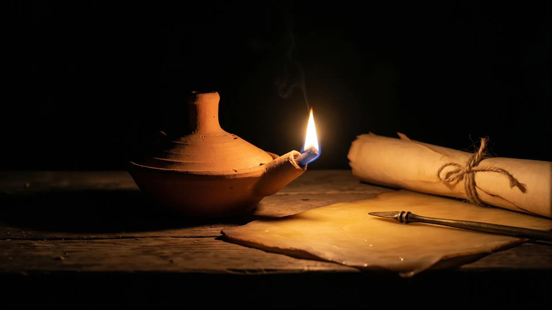 A Roman terracotta oil lamp burning beside a papyrus scroll and a bronze stylus on a dark wooden table at night