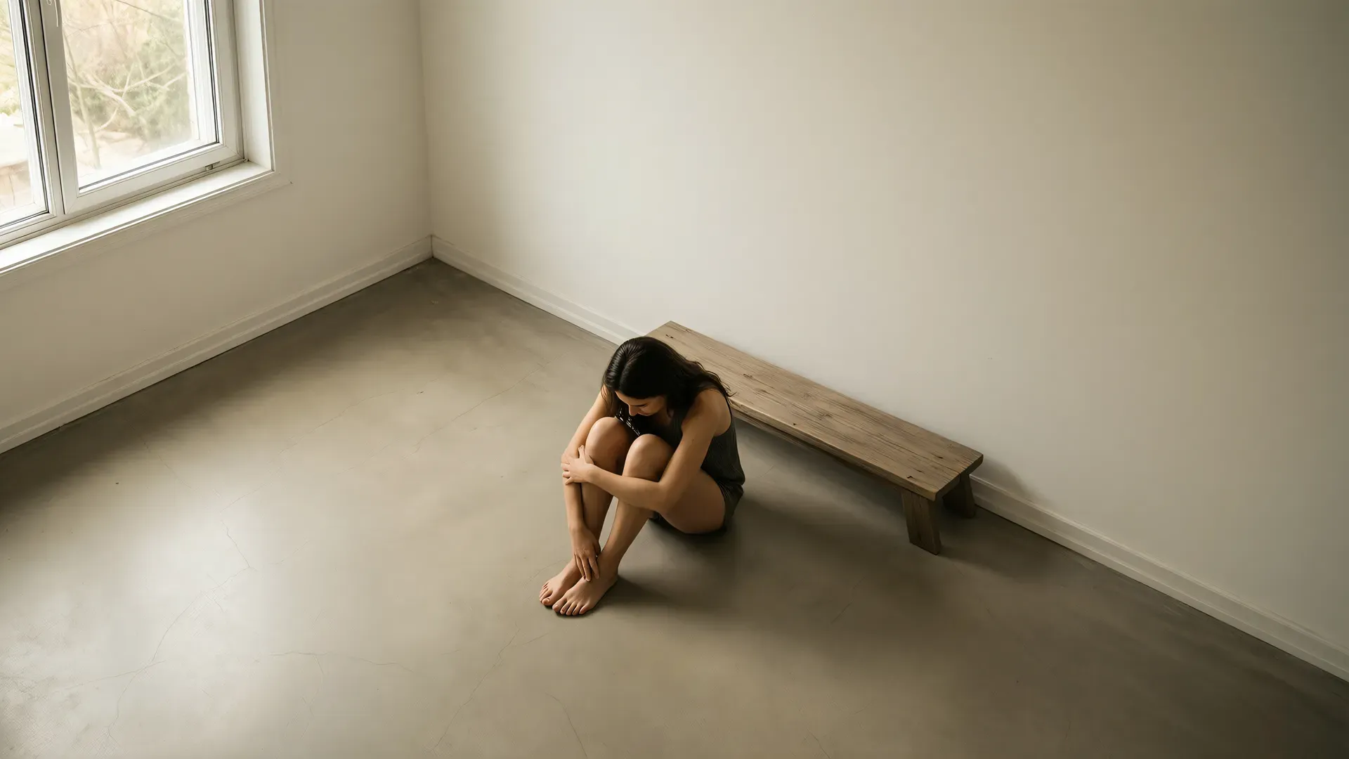 A person seated on the floor of a sparse room, knees drawn up, beside an empty bench — the image of learned helplessness that looks like stillness