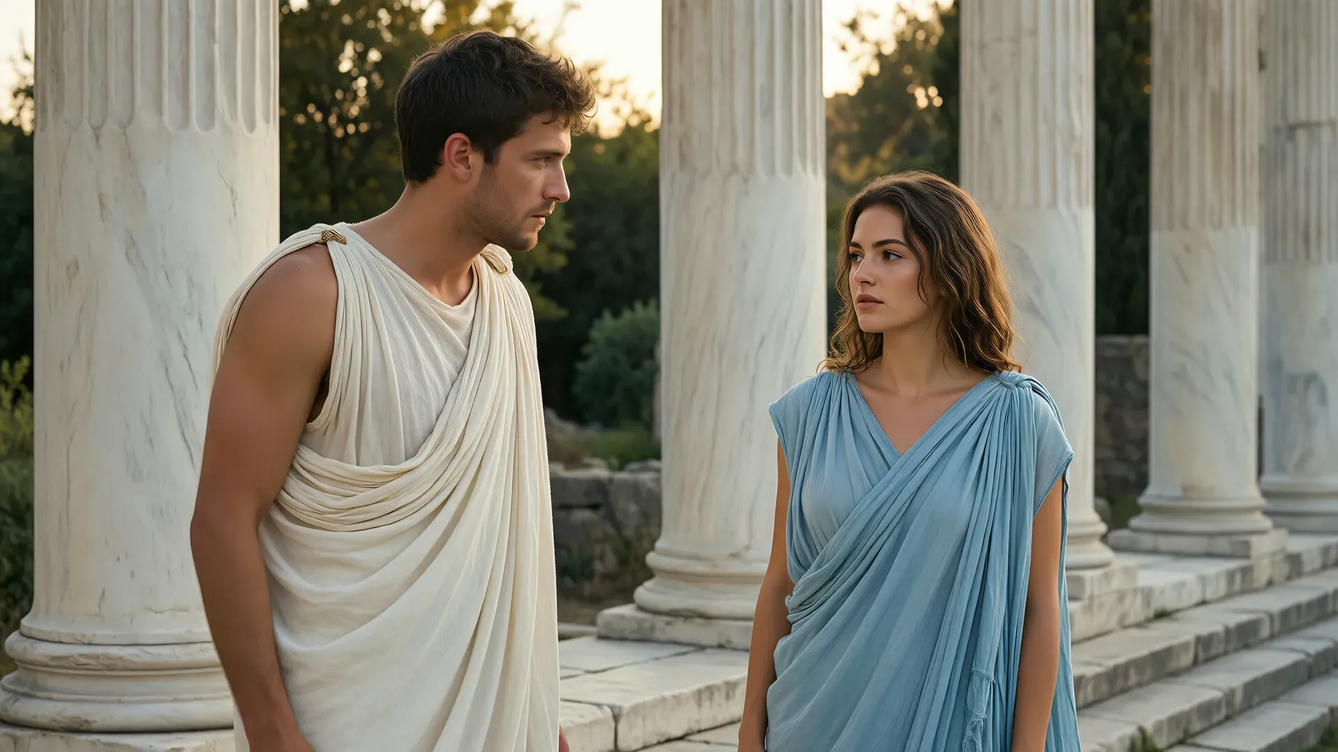A man in a white toga watches a woman in a pale blue chiton beside marble columns in golden evening light — his gaze intent, hers elsewhere