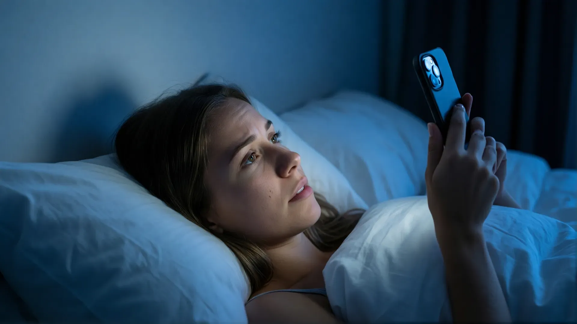 A young woman lying awake in bed at night, her face lit by the cold blue glow of the phone she's staring at, caught between hope and anxiety