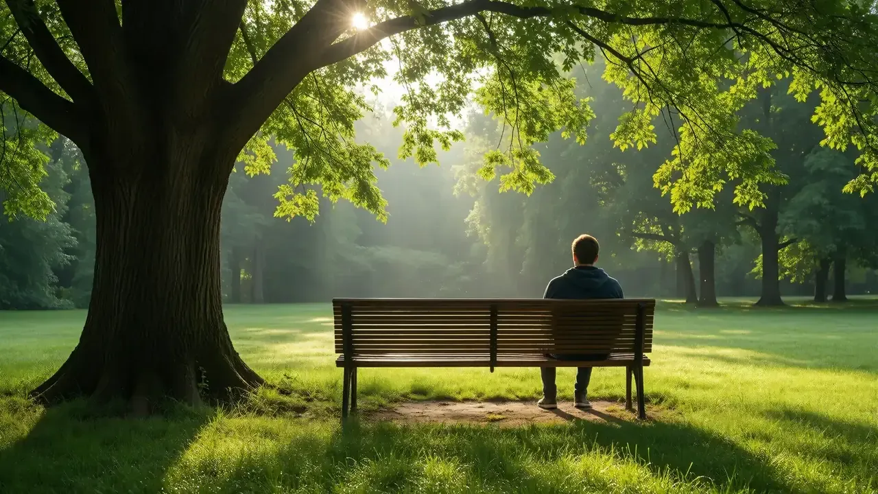 A person sitting alone on a wooden park bench under a large tree in morning light, facing an open green lawn, relaxed posture, sunlight filtering through the canopy above
