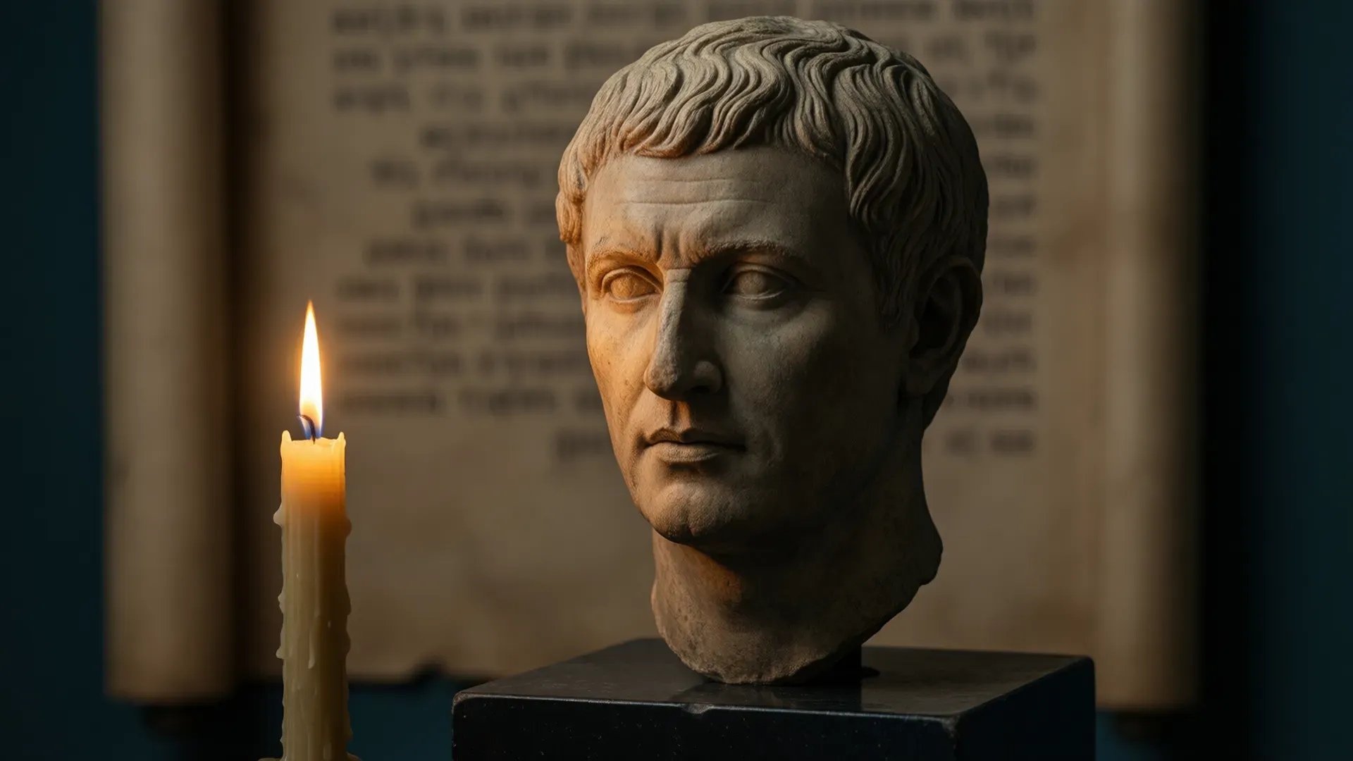 Roman marble bust lit by a single candle flame, with a blurred scroll of Greek text in the background
