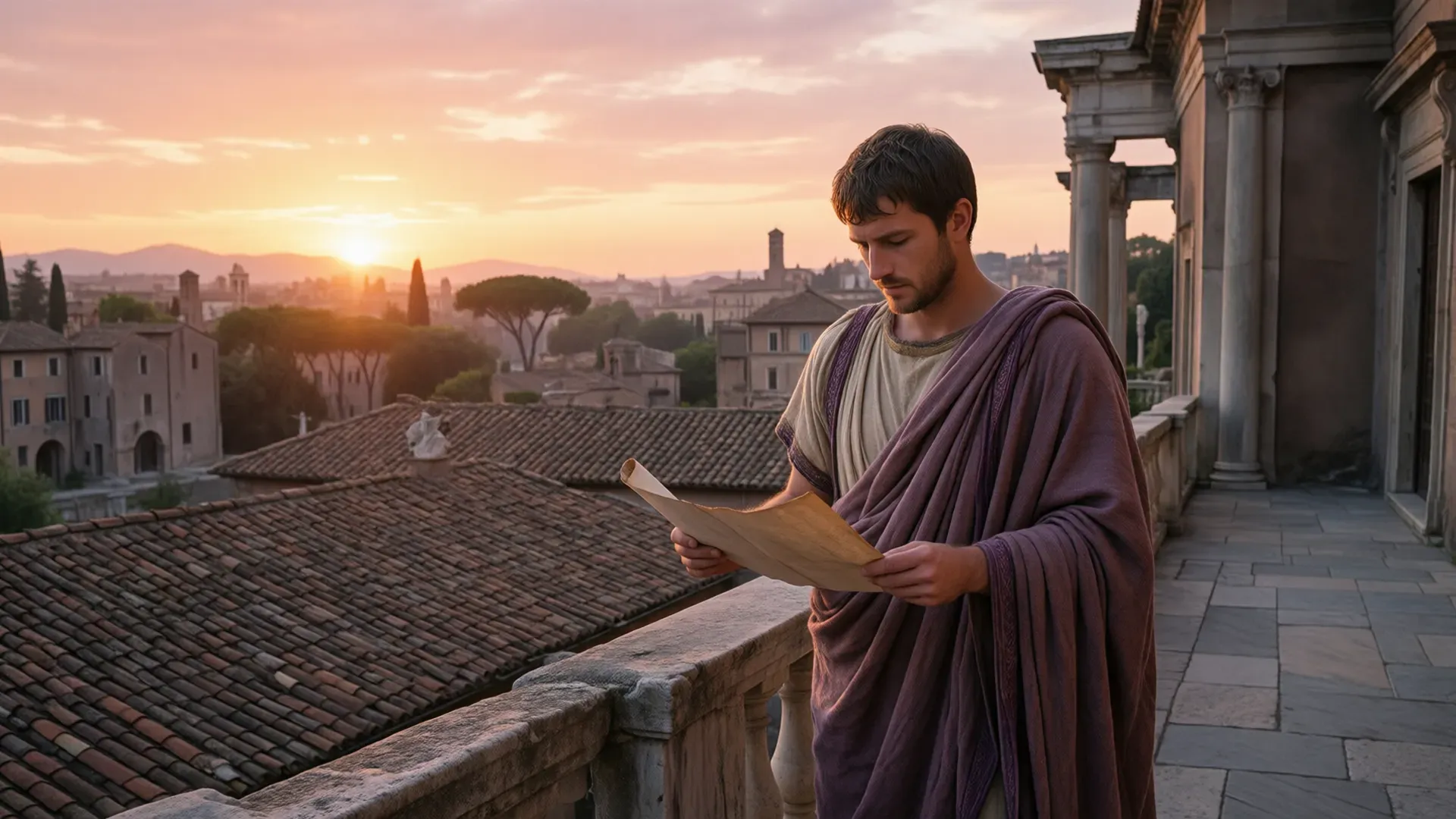 A young Roman man in a purple-bordered toga standing on a stone terrace at sunrise, reading a papyrus scroll, the rooftops and towers of Rome spread out behind him in warm pink and gold light