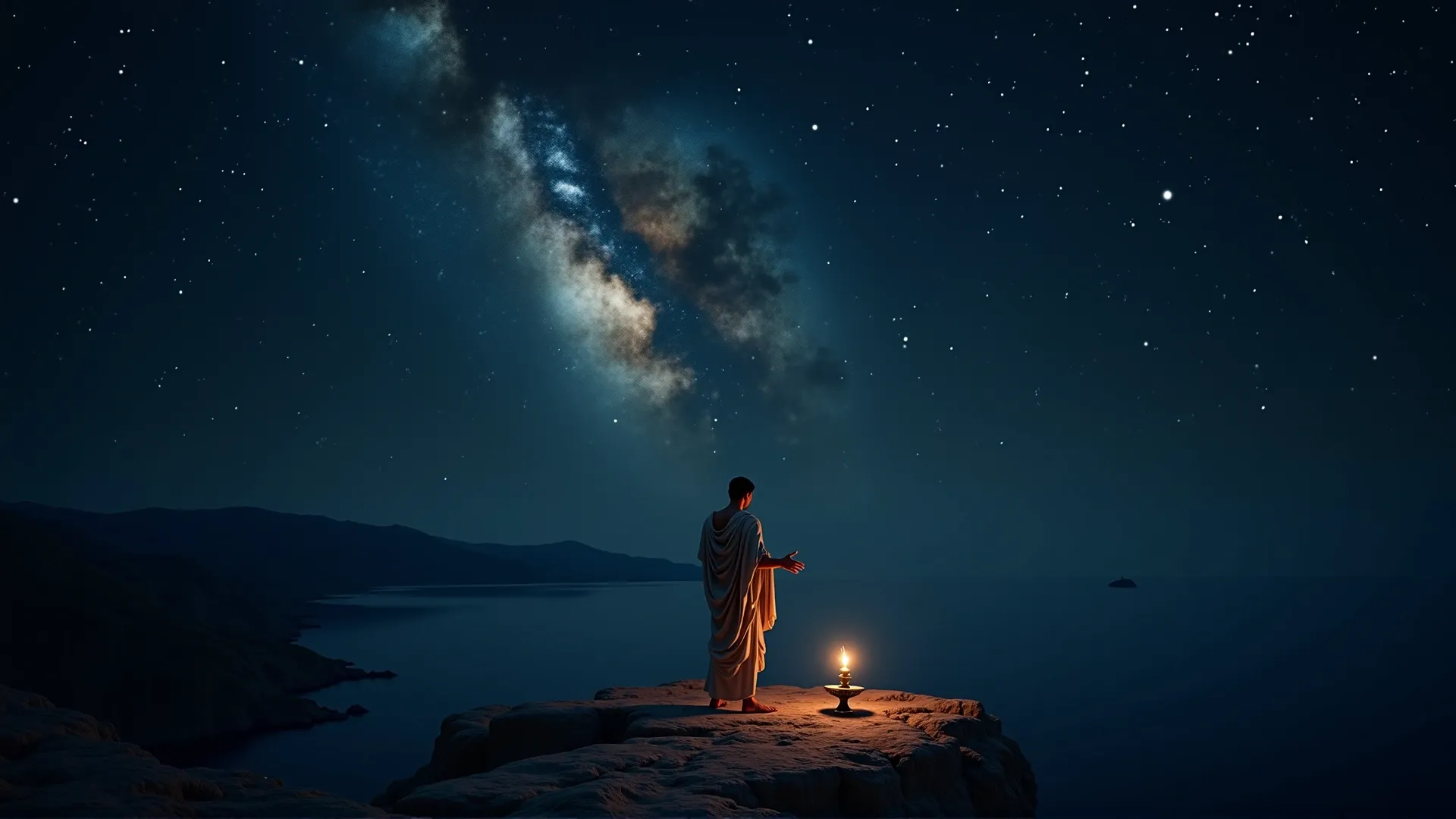 A robed philosopher standing alone on a rocky clifftop at night, a small oil lamp at his feet, gazing up at the Milky Way arching over a dark calm sea