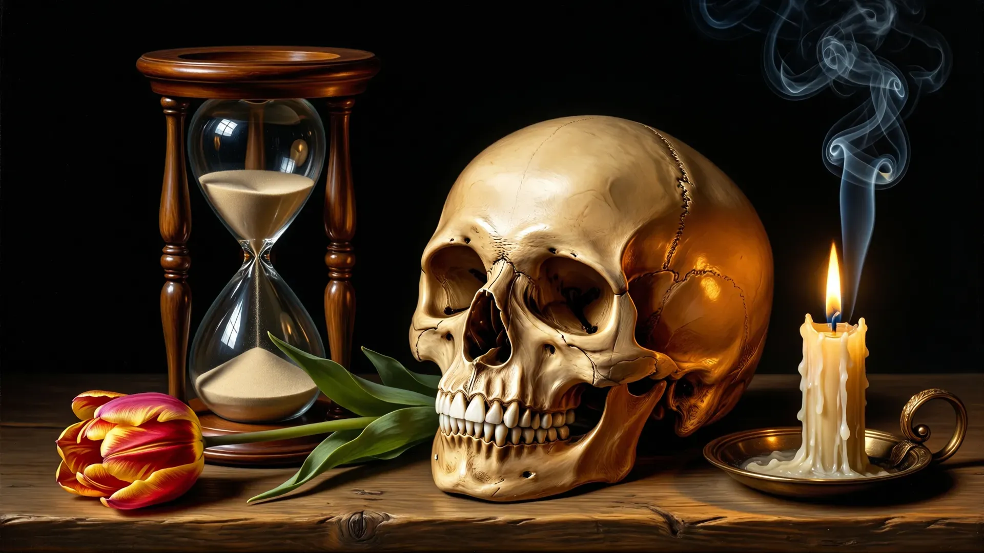 A 17th-century vanitas still life: a human skull beside an hourglass with sand running, a wilting tulip, and a guttering candle on a dark wooden table