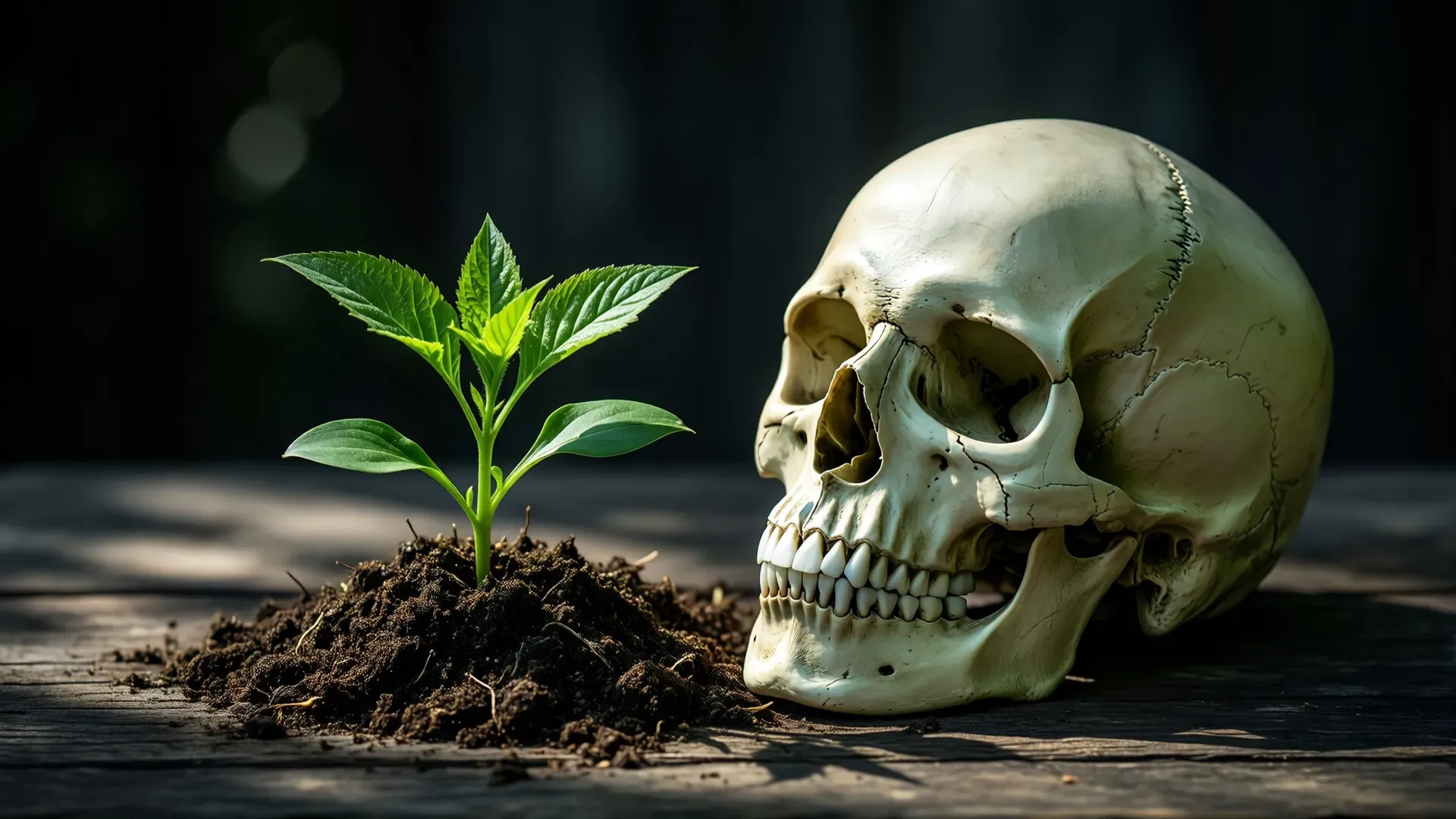 A pale human skull beside a single living green shoot sprouting from dark soil, lit by hard side light on weathered wood