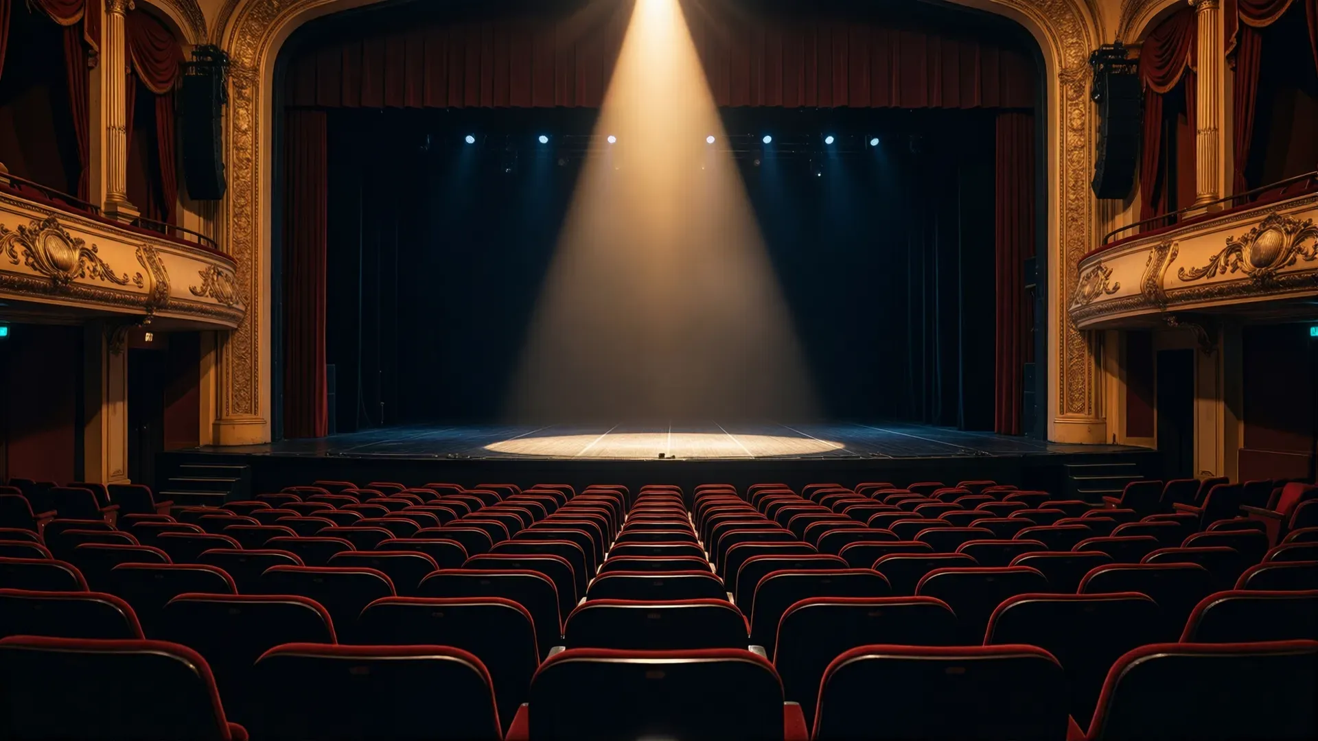 An ornate empty theatre with a single spotlight beam falling on a bare lit stage, rows of vacant red seats receding into darkness
