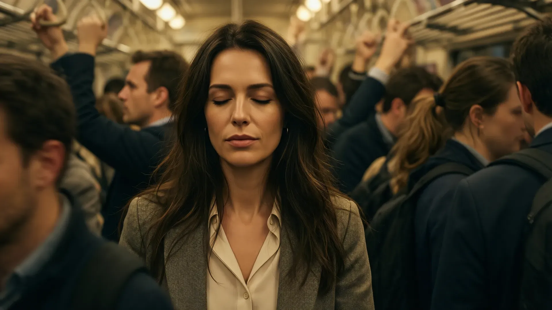 A woman in smart casual clothing standing in a crowded commuter train carriage with eyes closed and a composed expression, other passengers moving around her in soft blur, warm amber carriage light