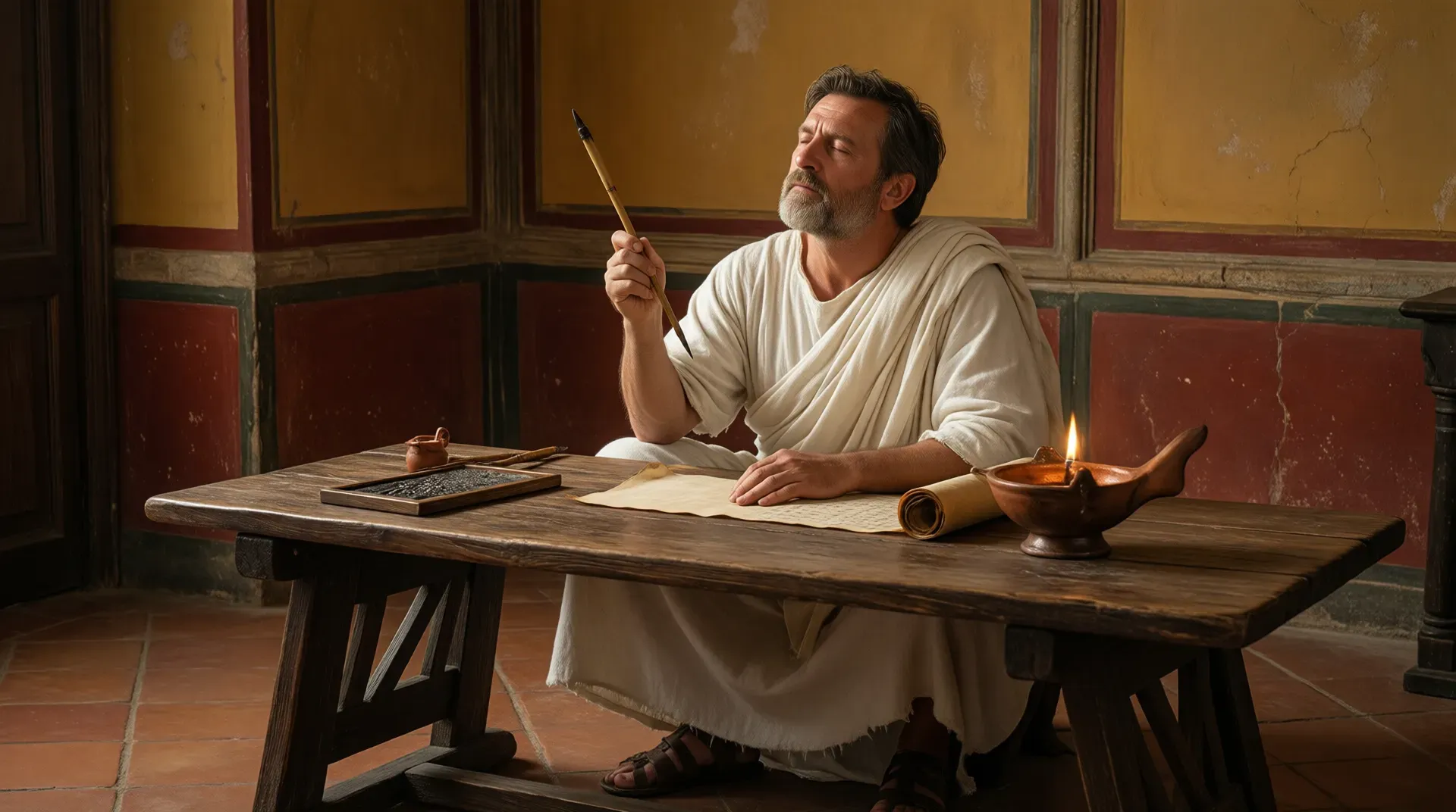 A Roman man in white robes sits at a wooden writing table, reed pen raised, eyes lifted in thought — a terracotta oil lamp burns beside an unfurled scroll