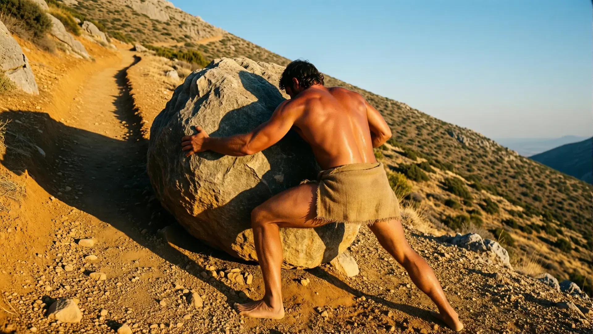 A powerfully built man seen from behind, straining to push an enormous boulder up a steep barren mountain slope in golden evening light.