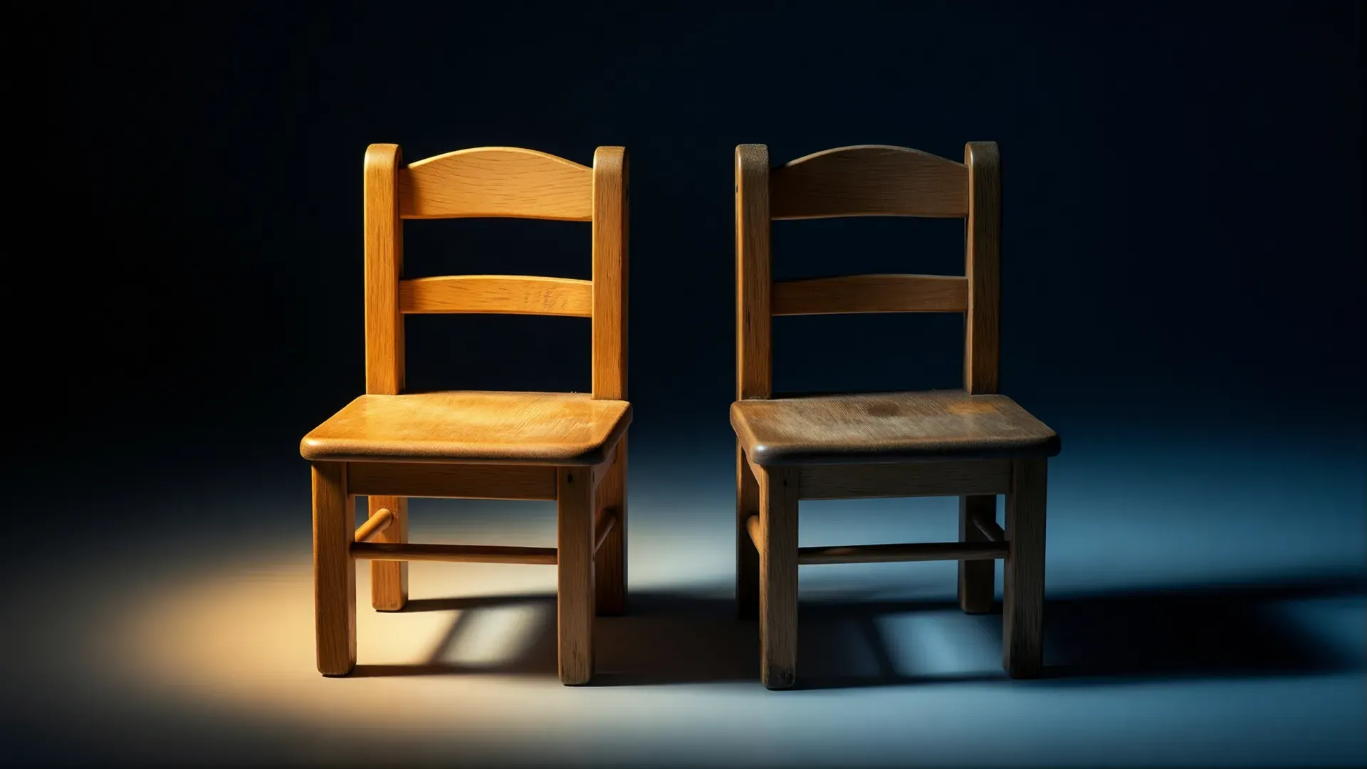 Two identical small wooden children's chairs side by side against darkness, one lit by warm light, the other in cold shadow