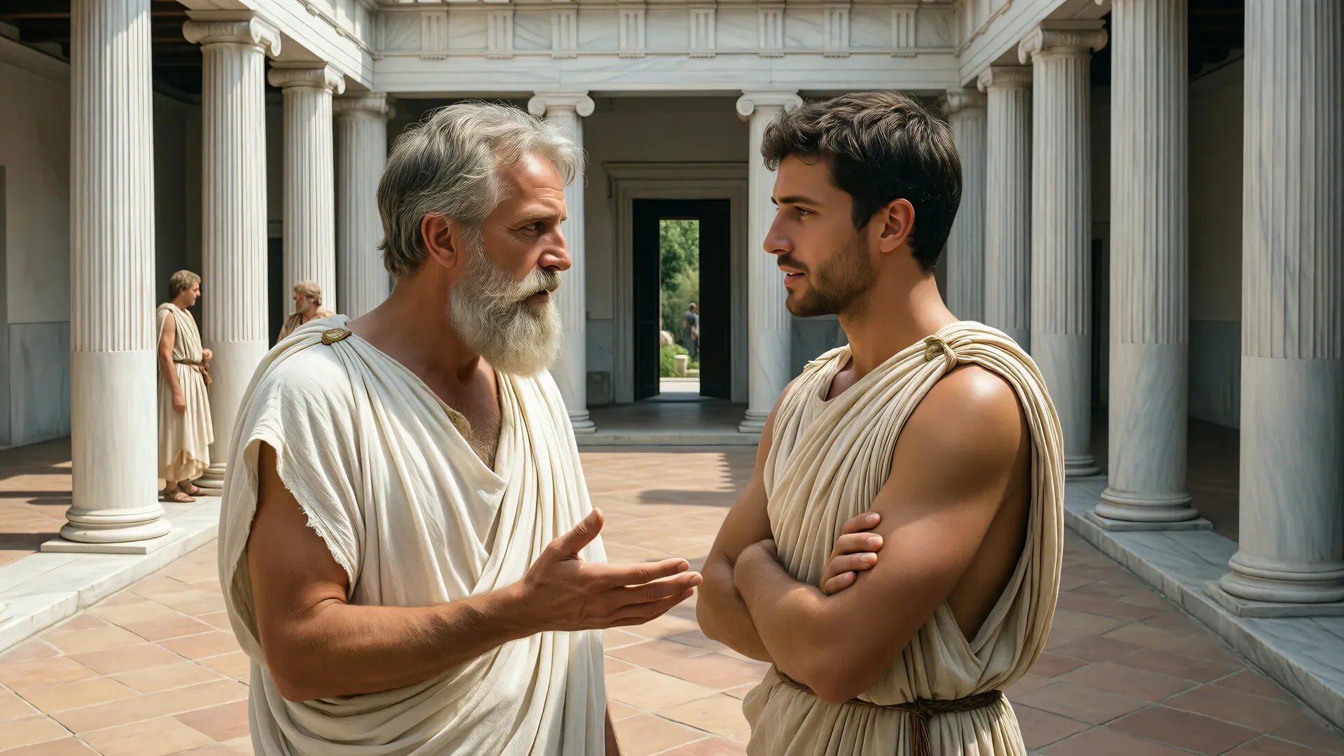 An elder Greek philosopher gestures in conversation with a younger man in a colonnaded marble courtyard, two figures in dialogue in ancient Greece