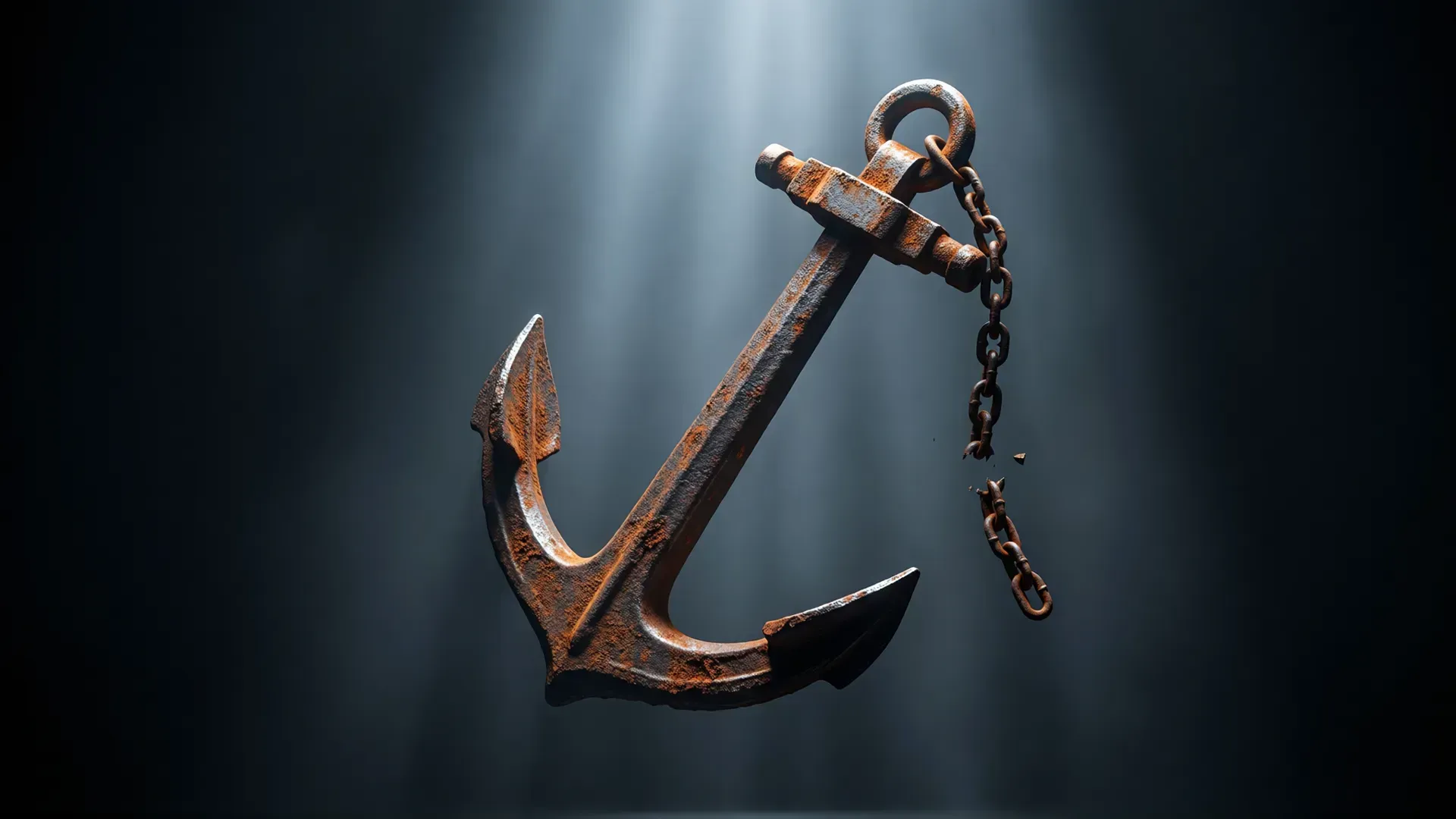 A heavy rusted iron anchor drifting in a dark void, its chain broken mid-length with the severed end floating free