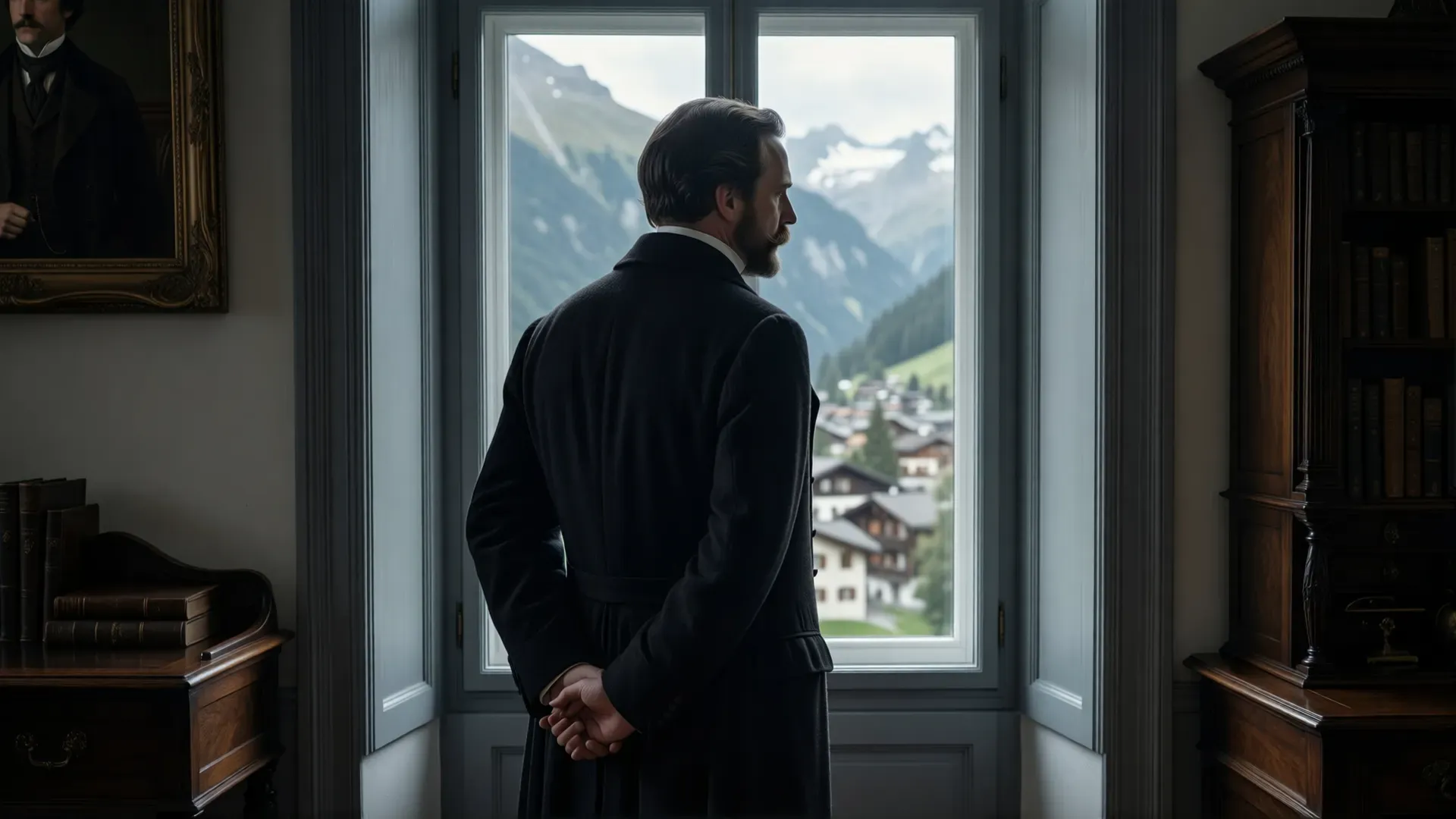 A nineteenth-century man in a dark frock coat, seen from behind, standing at a study window looking out over a snow-capped alpine village