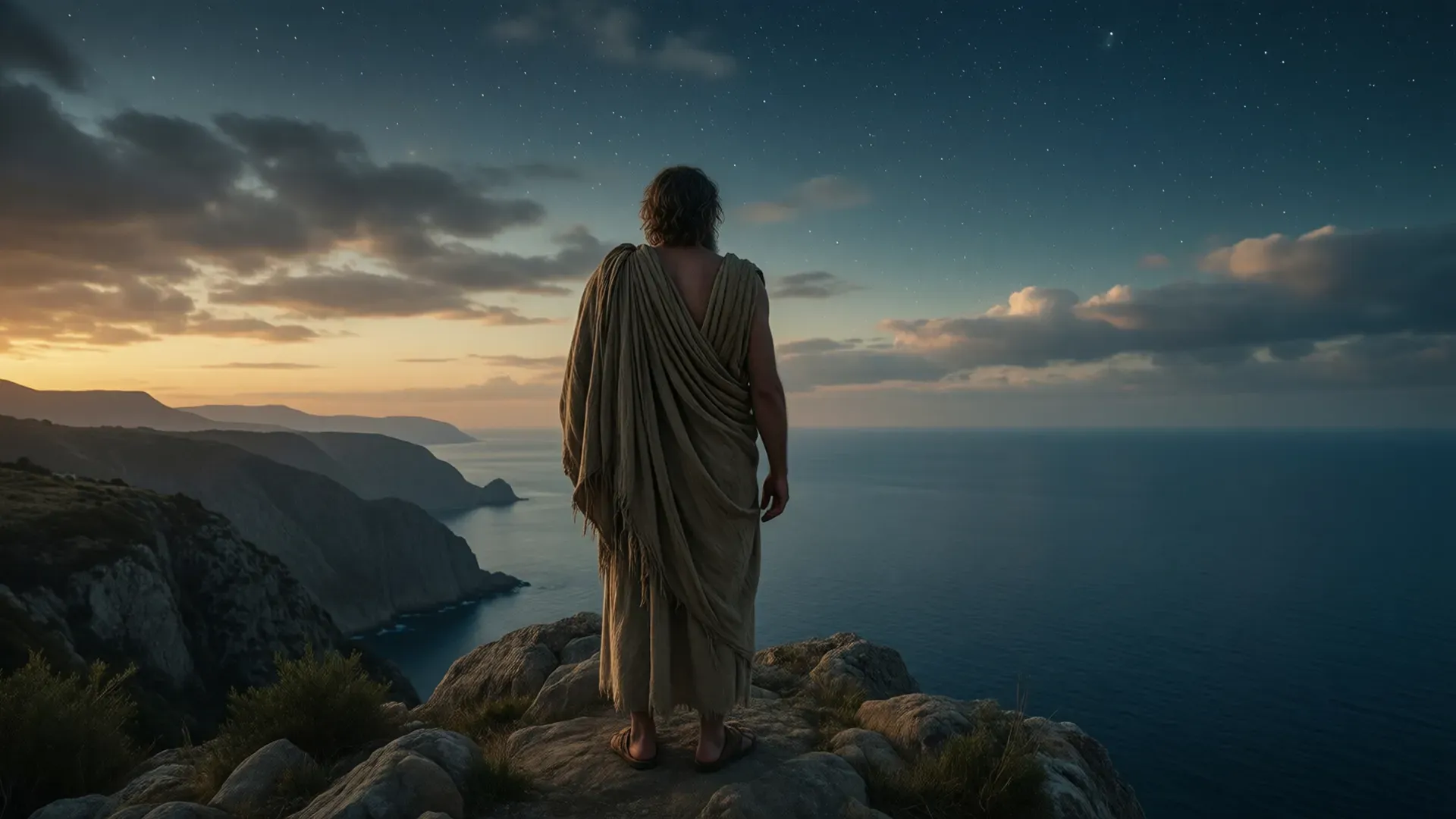 A lone philosopher in a draped himation stands on a rocky cliff edge at dusk, back to the viewer, looking out over a vast ocean and star-filled sky