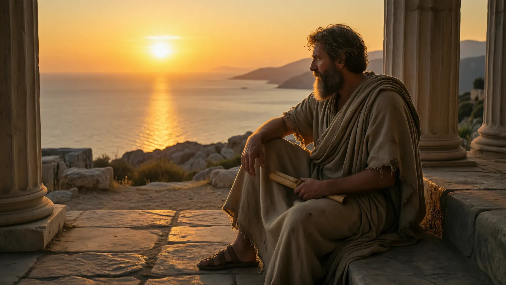 A philosopher in a draped himation seated at a stone portico, gazing calmly outward over a sunlit sea at sunset, an unrolled scroll resting in his lap, warm amber and gold light on the columns beside him
