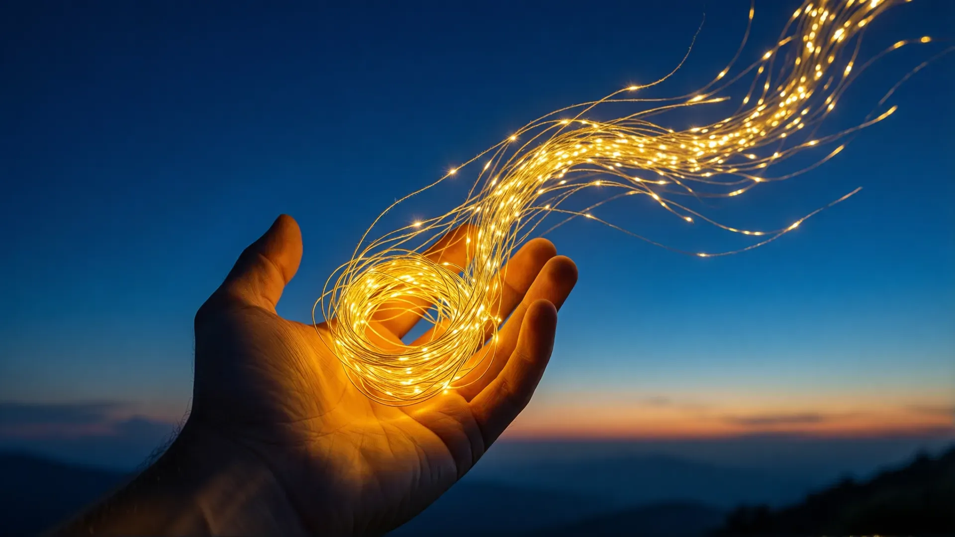 An open hand releasing a coil of glowing golden thread that unravels and drifts up into a deep blue twilight sky