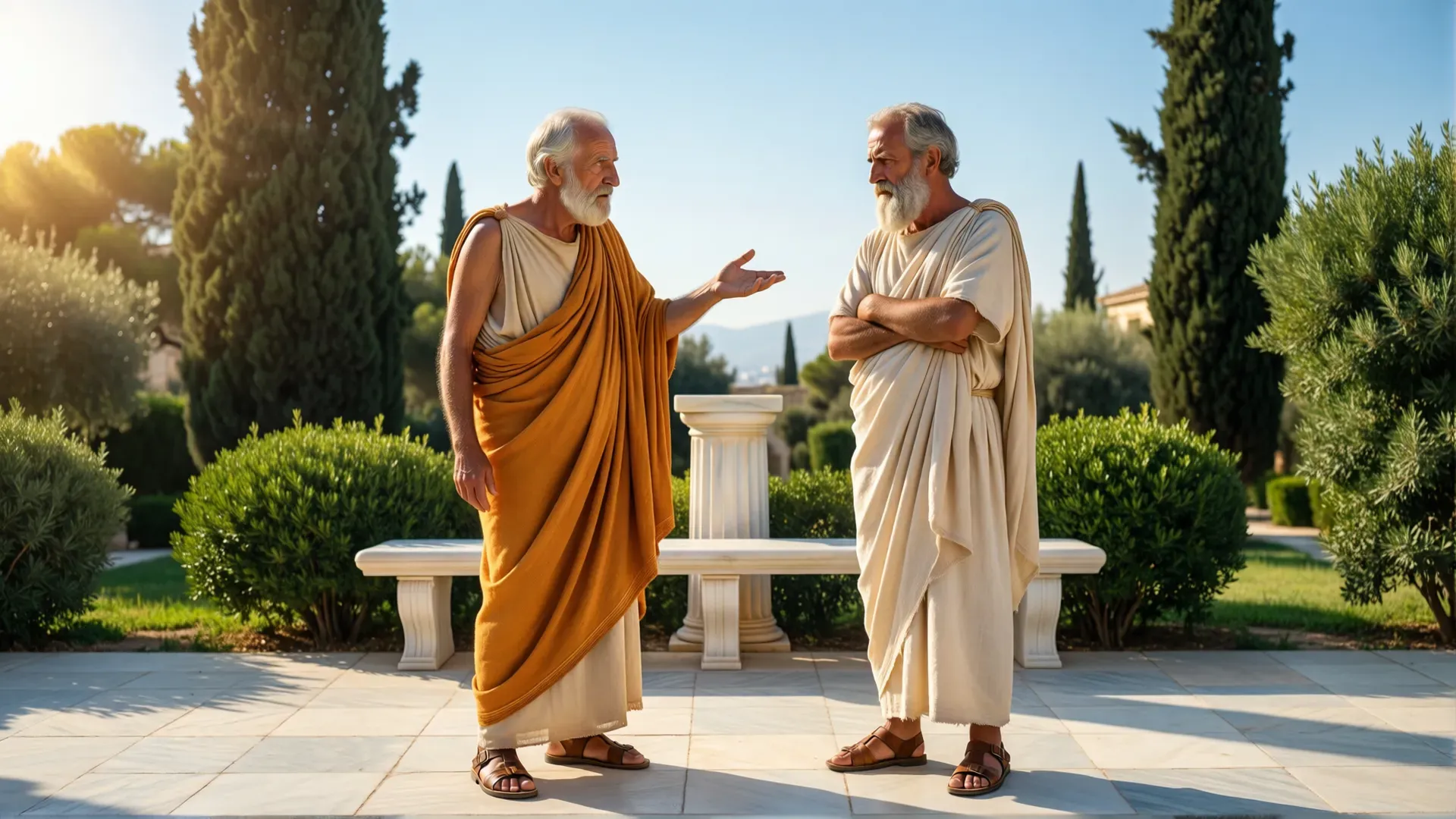 Two robed ancient Greek philosophers in a sunlit garden — one in an ochre himation gesturing open-handed toward a middle ground, the other in white standing with arms folded in disagreement.