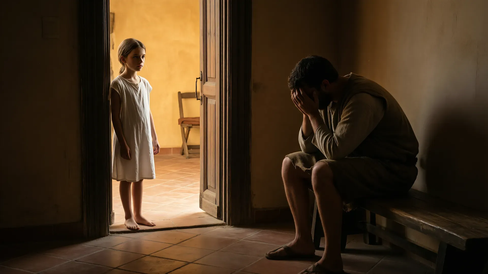 A young girl stands at a doorway watching a man sitting with his head in his hands