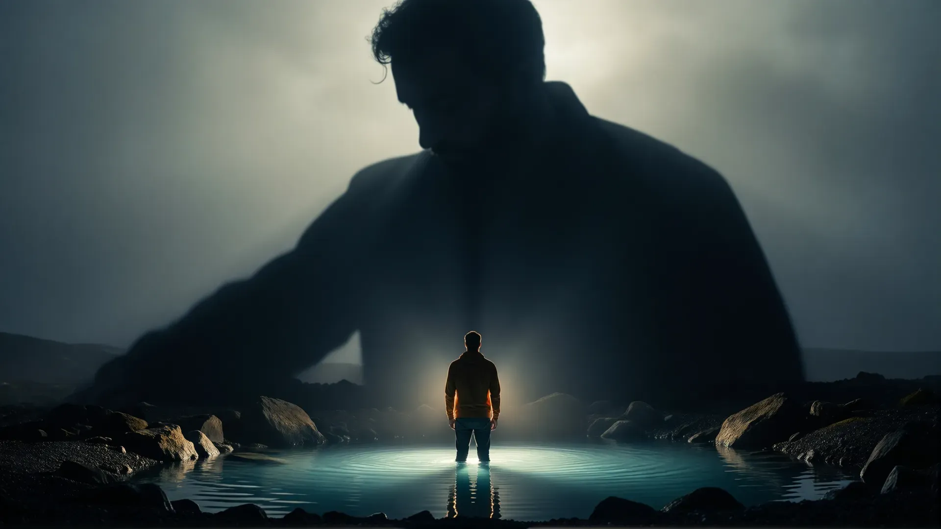 A small lone figure standing in a pool of light, dwarfed by an enormous shadowy human silhouette looming over them in the mist