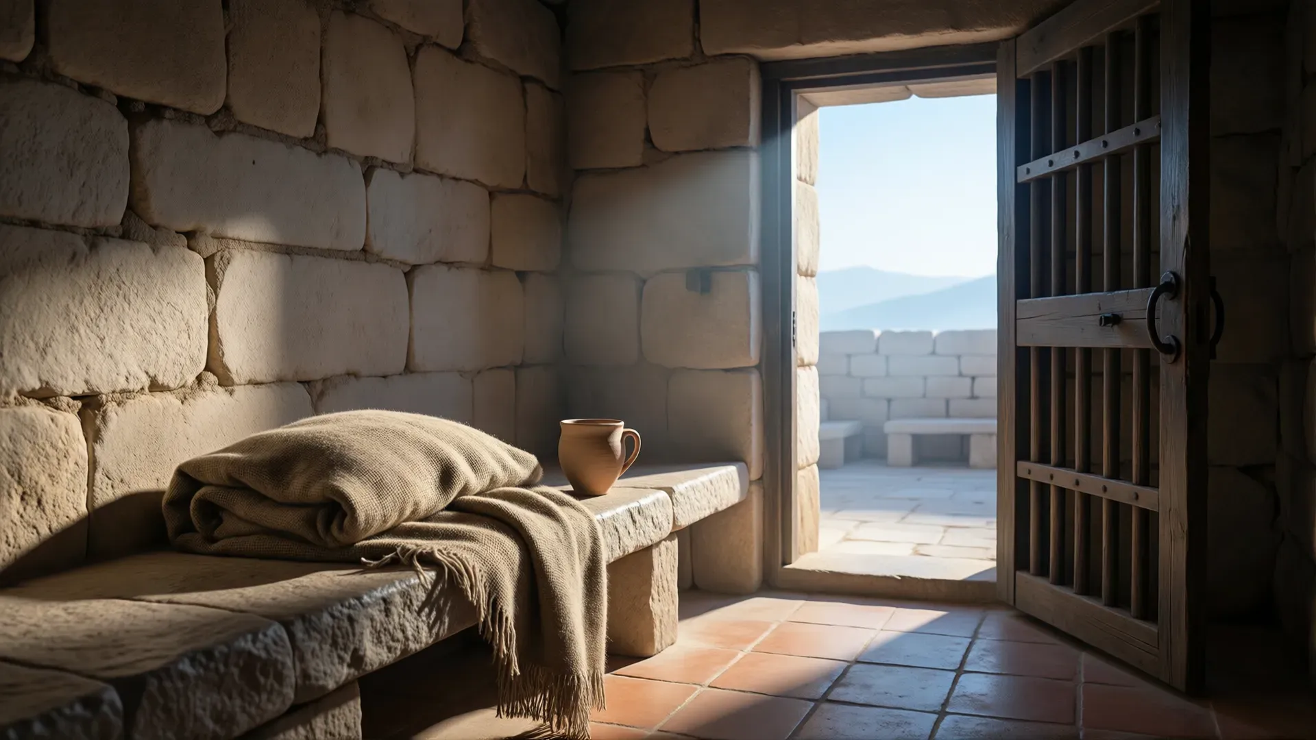 An ancient stone cell at dawn: a folded wool cloak and a clay cup on a stone bench, a barred wooden door standing open to daylight beyond