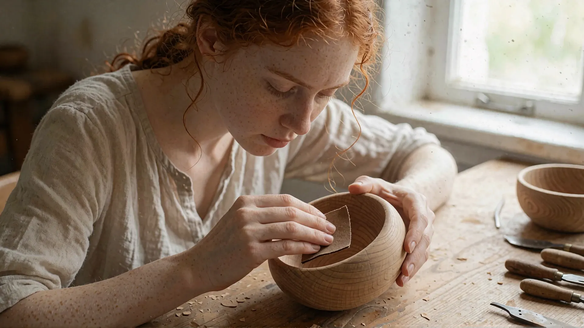 A red-haired woman leans in over a workbench by a bright window, absorbed in smoothing a turned wooden bowl with a folded piece of sandpaper, one hand steadying the bowl and a second finished bowl resting on the bench beside her.