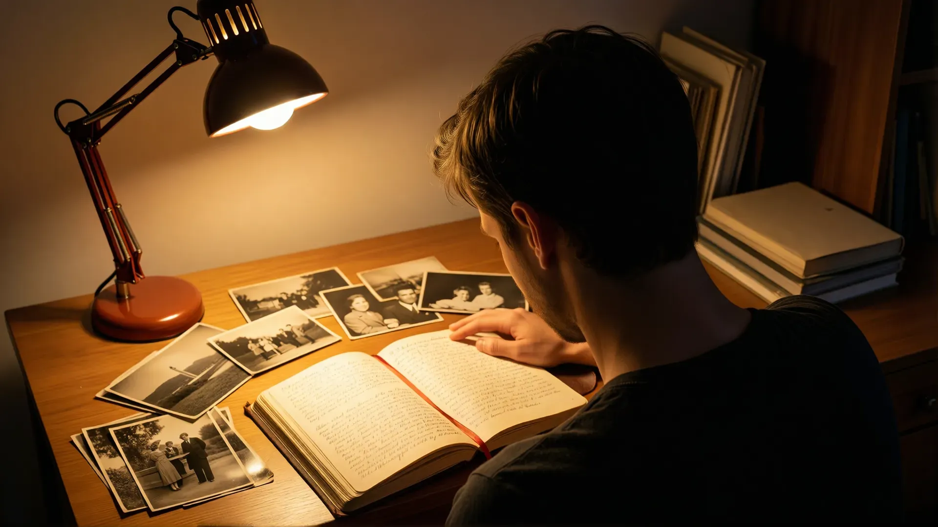 A person seen from behind at a desk at night, an open handwritten journal and scattered old black-and-white photographs lit by a warm desk lamp