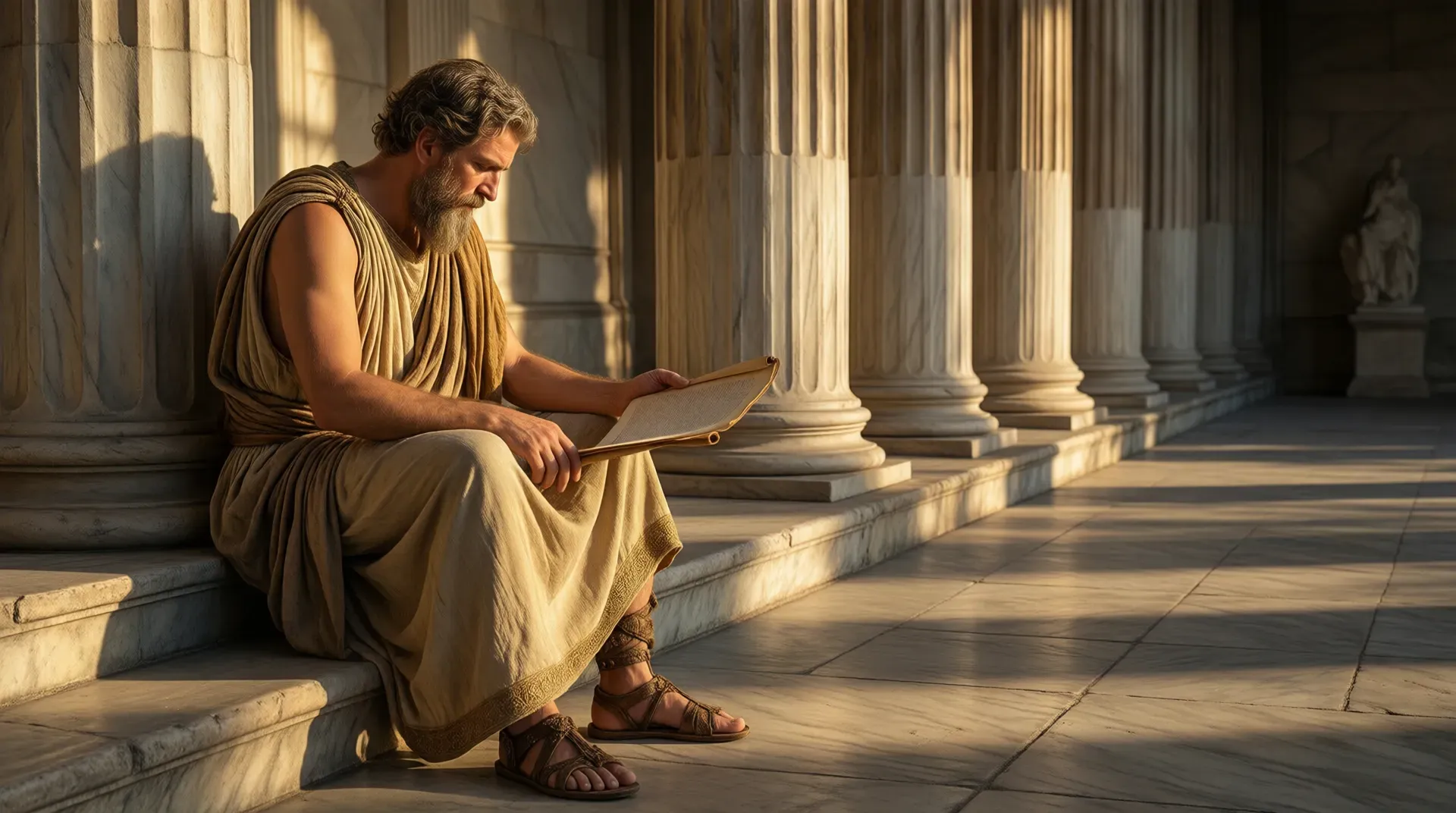 An ancient Greek philosopher seated on marble steps between tall columns, reading an open scroll in warm late-afternoon sunlight, wearing robes and sandals, a stone statue visible in the background.