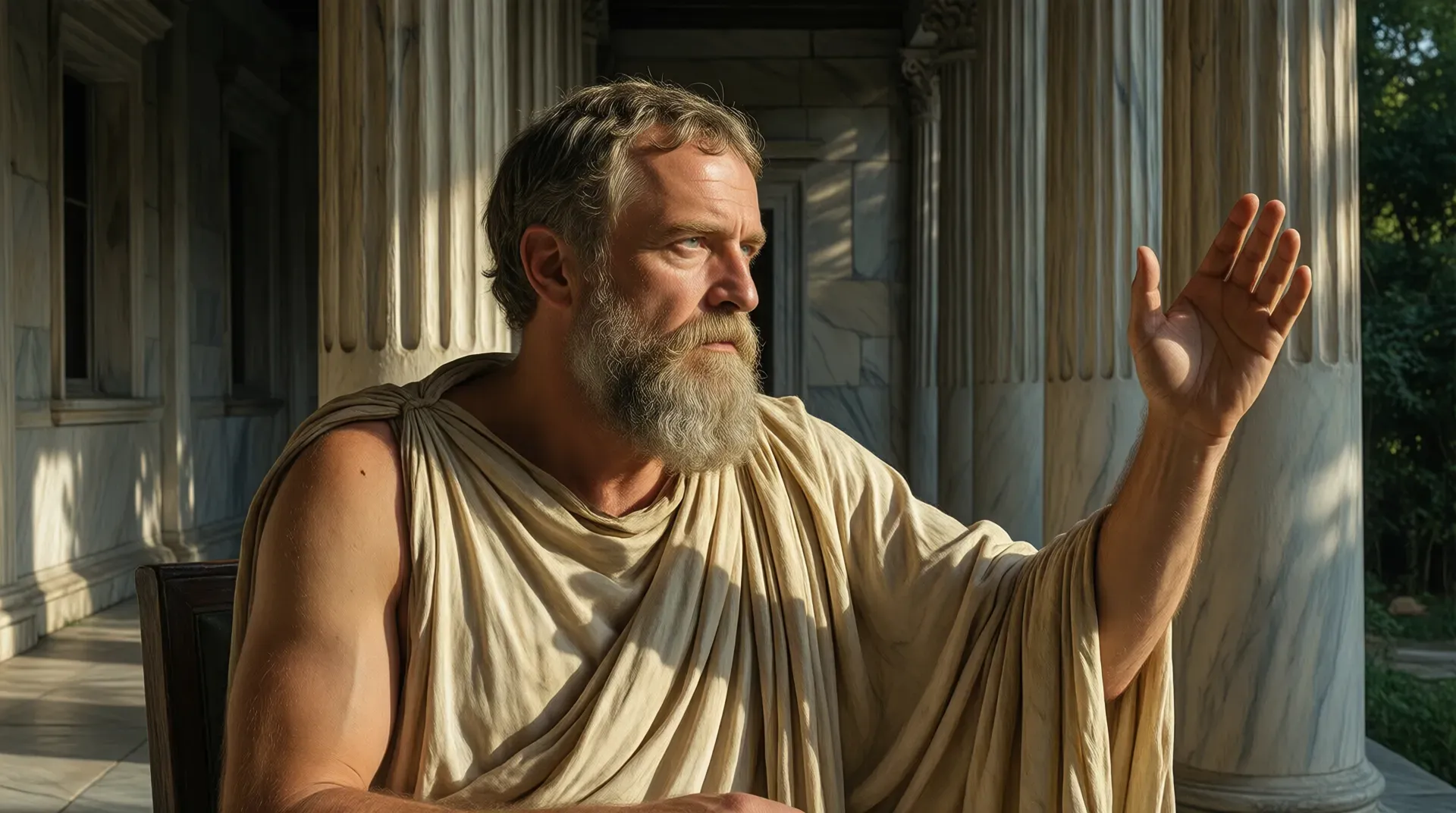 A Greek philosopher pausing mid-gesture in a marble colonnade, the moment before a response