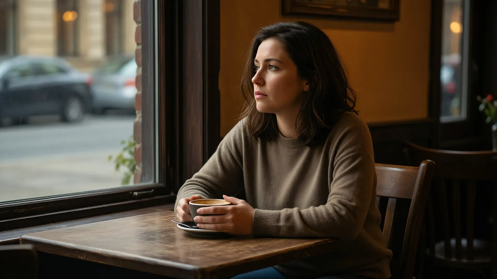 A woman in a plain sweater seated alone at a small wooden café table, both hands wrapped around a coffee cup, gazing past the window into the middle distance with a pensive expression, warm amber light on her face, empty chair opposite