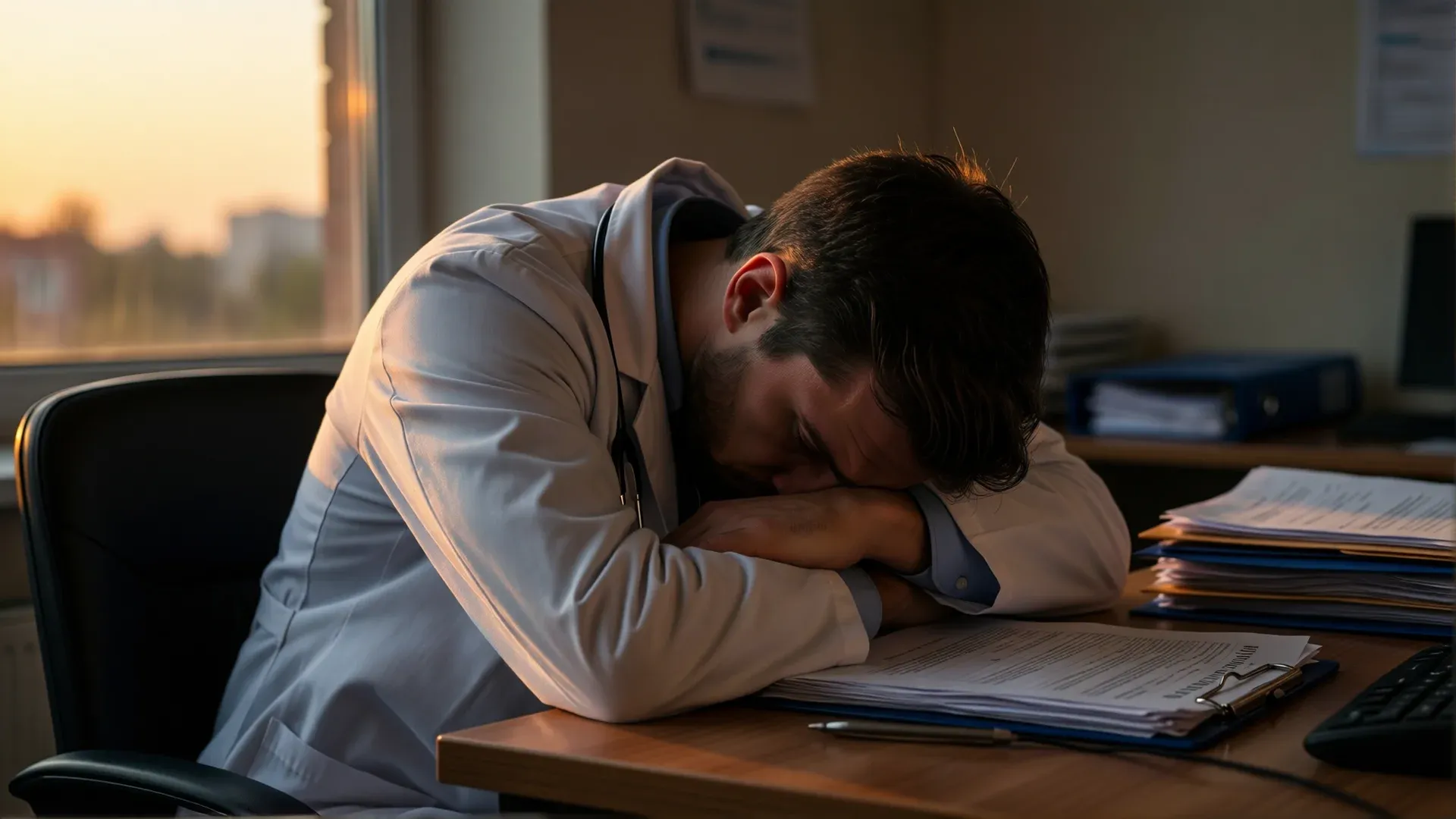 A physician in a white coat slumped at their desk, head resting on arms, at the end of a long day