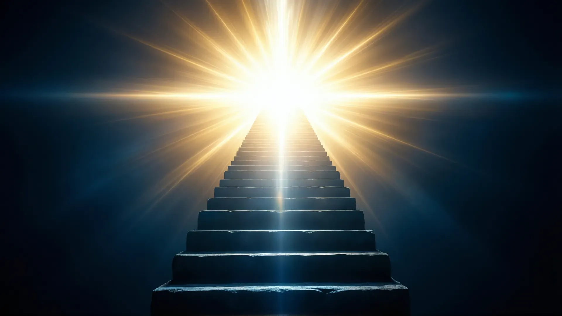 A stone staircase ascending toward a radiant burst of golden light against a deep blue field — the ladder of love rising toward beauty itself