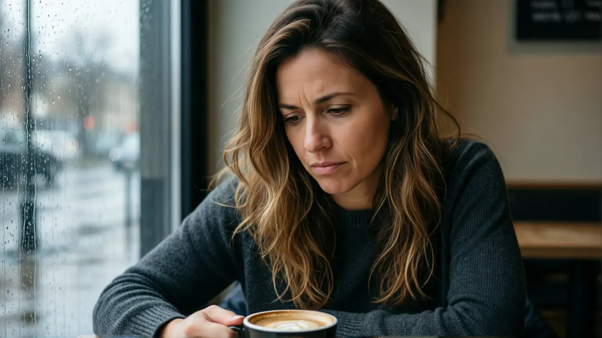 A woman in her thirties sitting alone at a cafe table by a rain-flecked window, looking down at her coffee with a wistful, unsatisfied expression