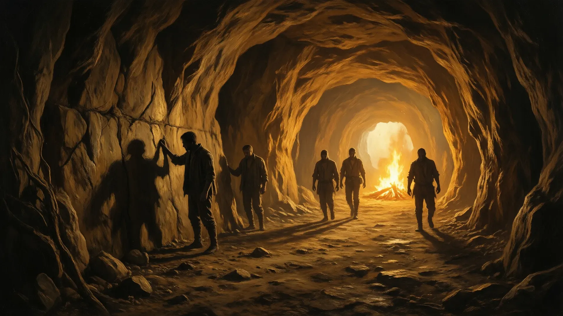 Figures silhouetted in a cave tunnel, firelight casting shadows on the walls, one person walking toward the light