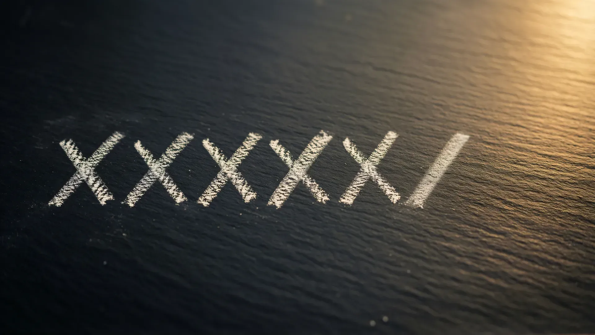 A row of chalk tally marks on dark slate, the last one only half-drawn — a daily practice accumulating, mid-week