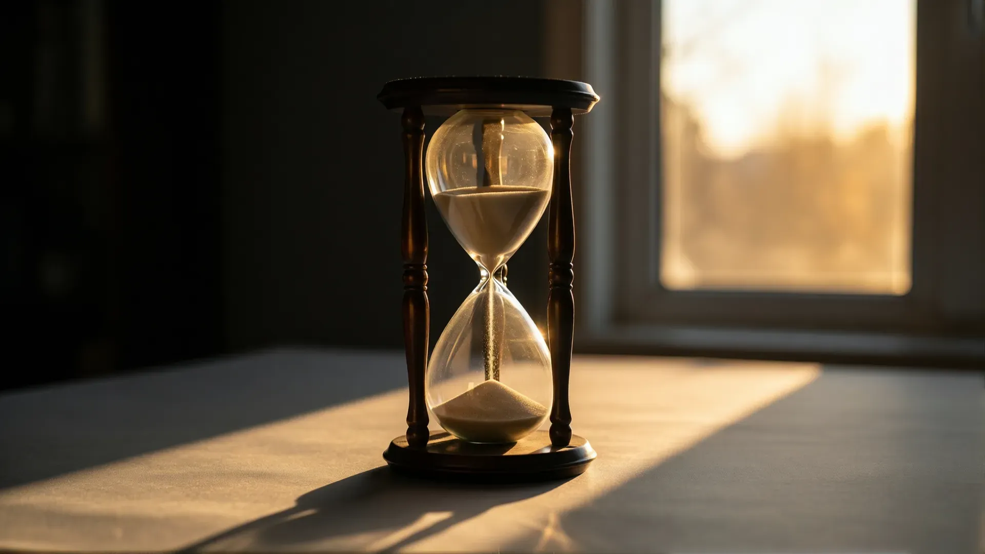 An antique wooden-framed hourglass, sand running mid-flow, lit by warm dawn light from a window that casts a clean rectangle of light across a dark table