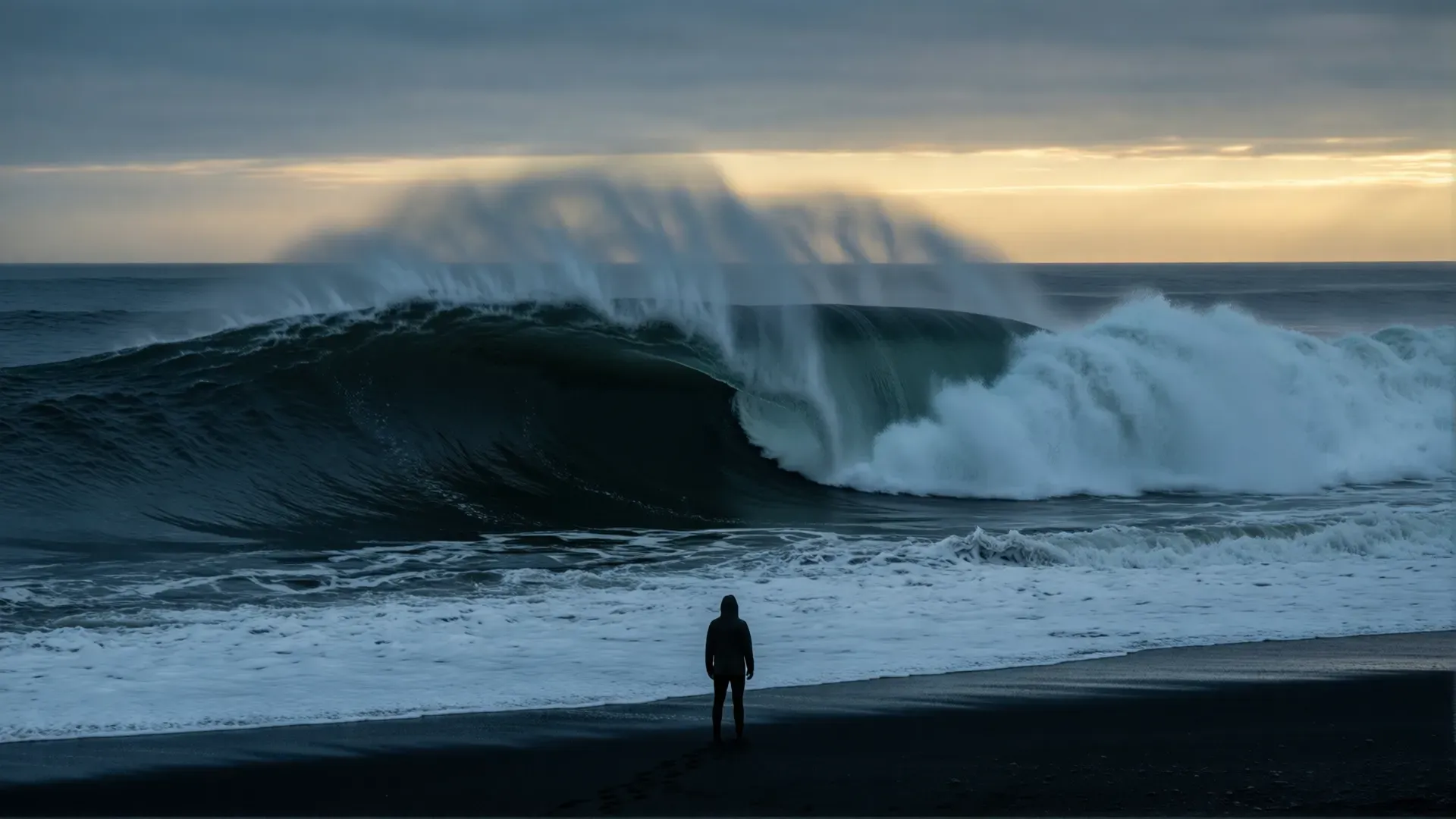 A lone hooded figure stands on a dark beach facing a large breaking wave at dusk, fading gold light on the horizon