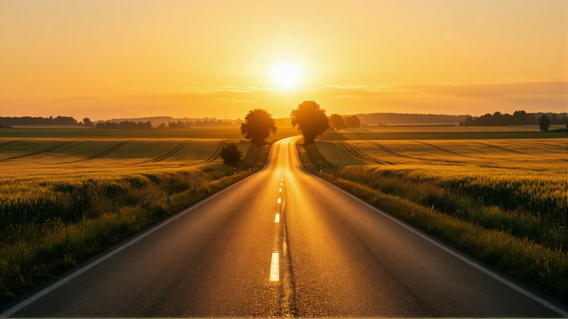 An empty country road curving toward a low golden sun across open fields at dawn