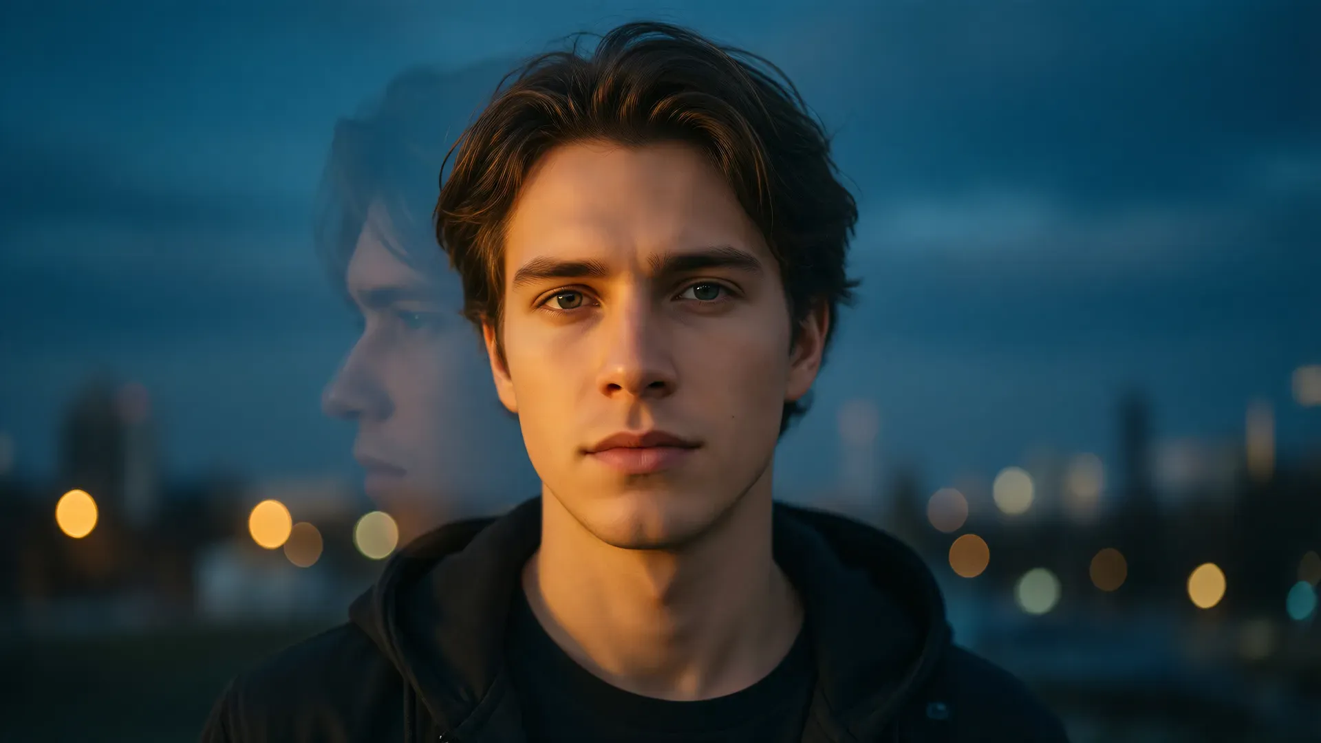 A young man facing forward at dusk with a faint translucent second profile of himself out of alignment behind him, over a blurred city skyline — the gap between the expected self and the actual self