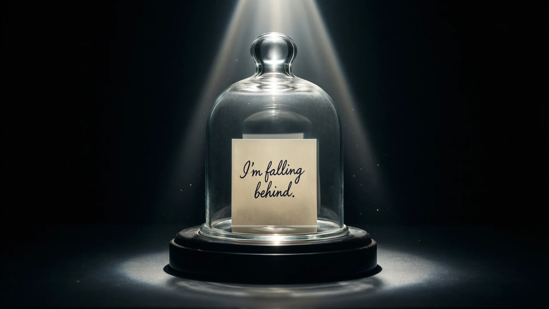 A handwritten note reading 'I'm falling behind' displayed under a glass bell jar on a dark plinth, lit by a single beam of light