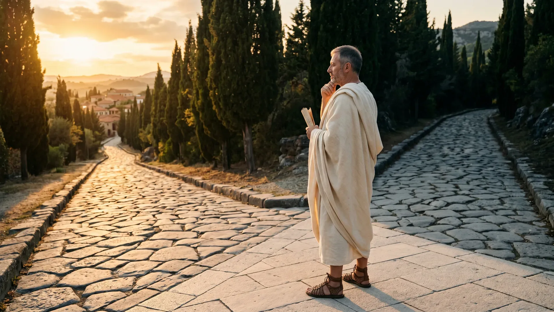 A Roman philosopher standing at a stone crossroads at sunset, holding a scroll, contemplating the path ahead — illustrating the moment of choosing acceptance over argument