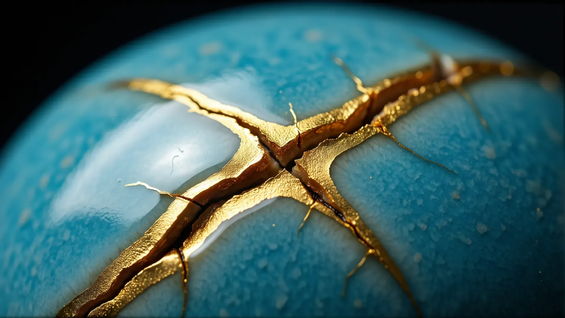 A cracked blue-grey ceramic surface mended with seams of gold in the kintsugi style, the break made stronger and more visible than the unbroken whole
