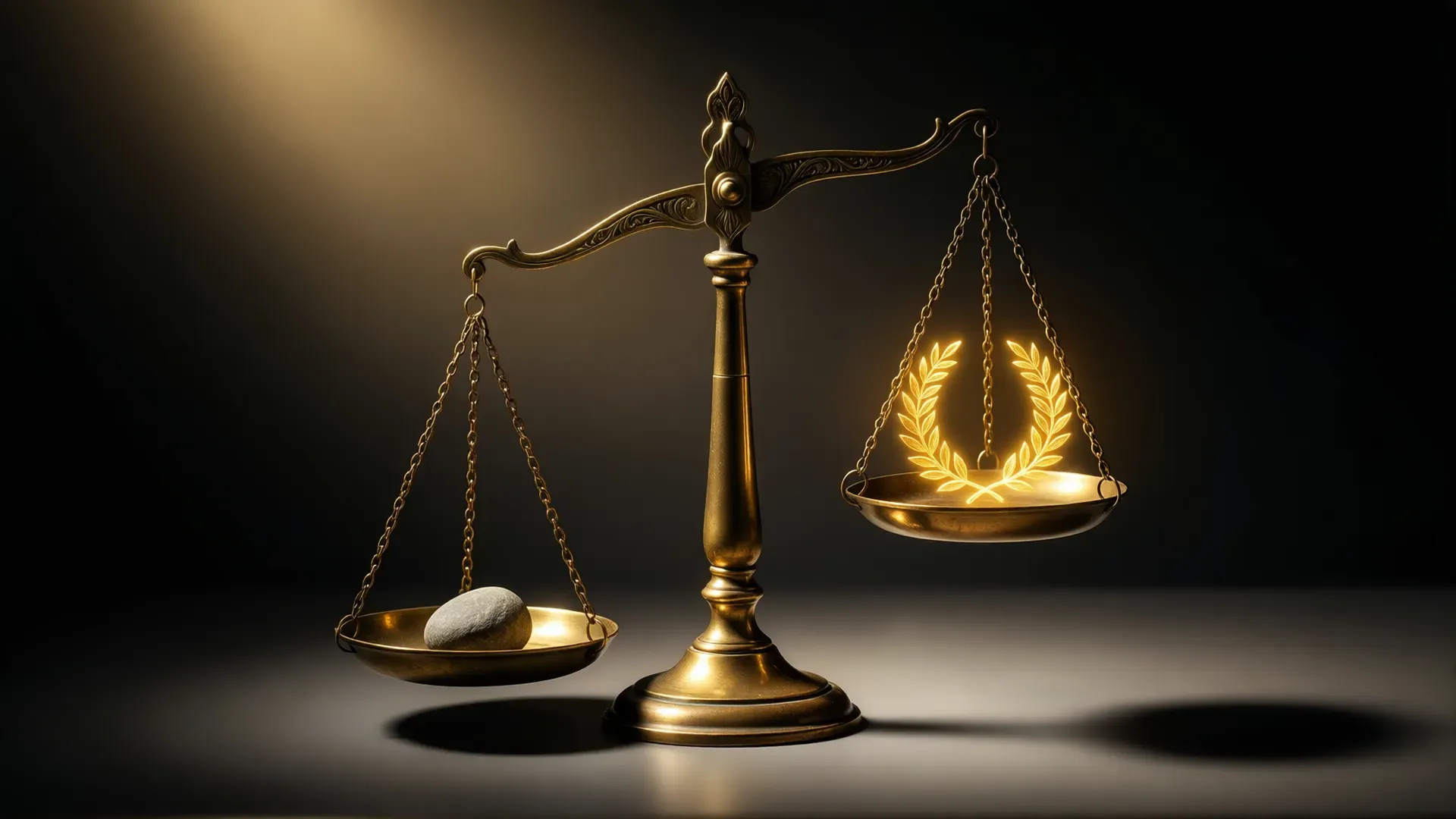 An antique brass balance scale in dramatic light, a plain grey stone weighing down one pan while a glowing golden laurel wreath sits raised on the other