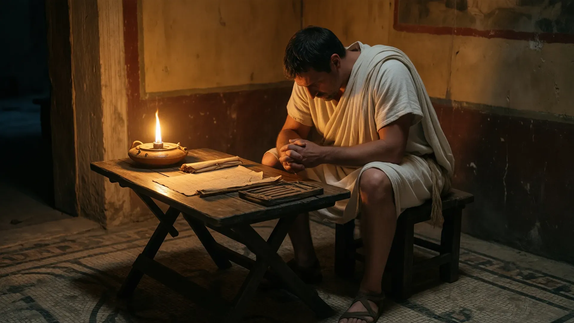 A Roman man in a tunic seated by lamplight, head bowed, expression of internal struggle