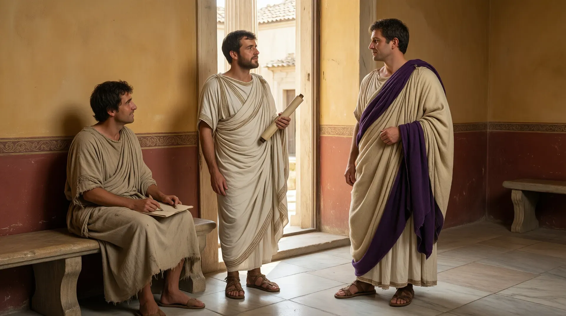 Three Roman men in a sunlit tablinum — a freed slave seated with a wax tablet, a wealthy advisor holding a papyrus scroll, and an emperor in purple-bordered toga — in quiet conversation