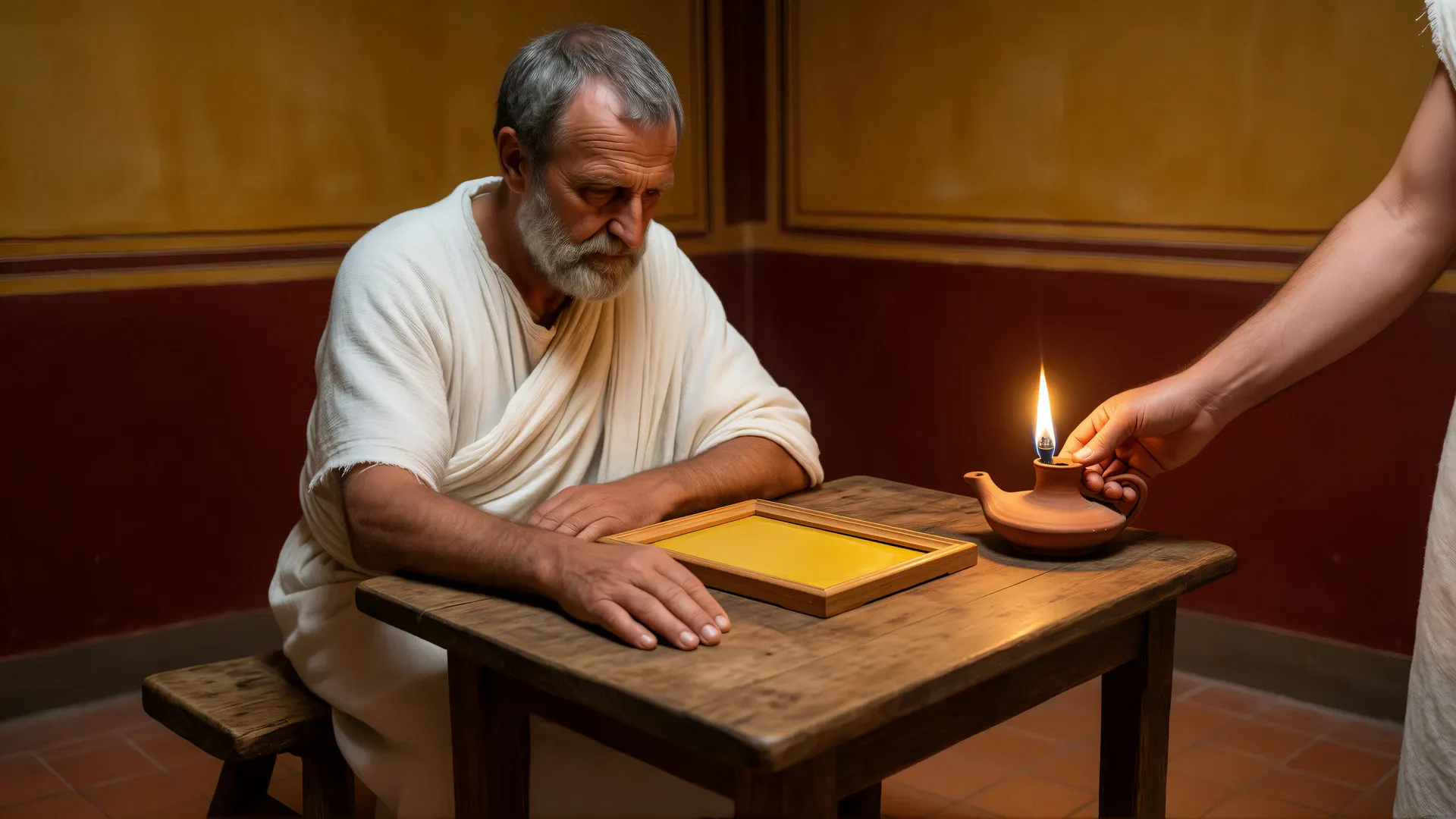 A grey-bearded Roman man in a white toga sits at a small wooden table at night, forearms resting still on the table beside a closed wax tablet, while another person's hand reaches in from the right to lift the lit terracotta oil lamp away.